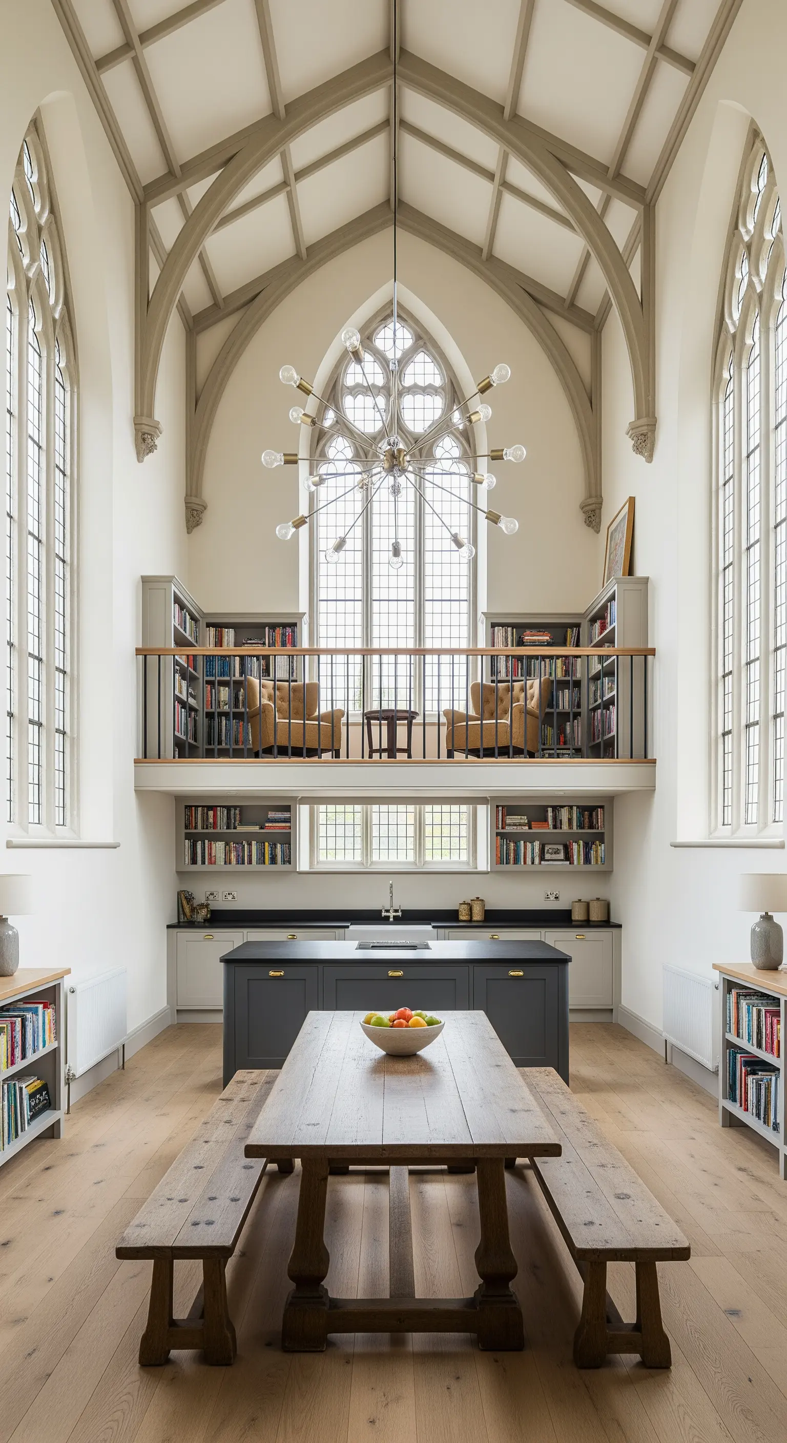 Cucina in una chiesa sconsacrata con soffitti a volta, soppalco-biblioteca e grande tavolo da pranzo.