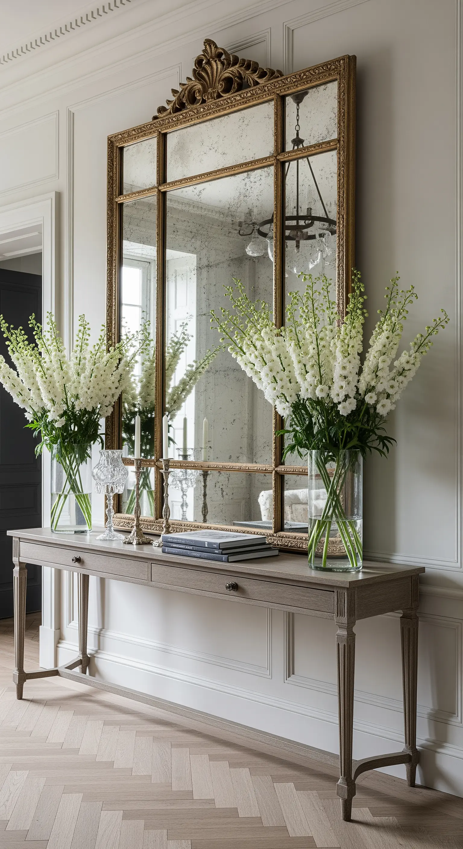 Specchio monumentale dorato a più pannelli sopra una consolle in legno chiaro.