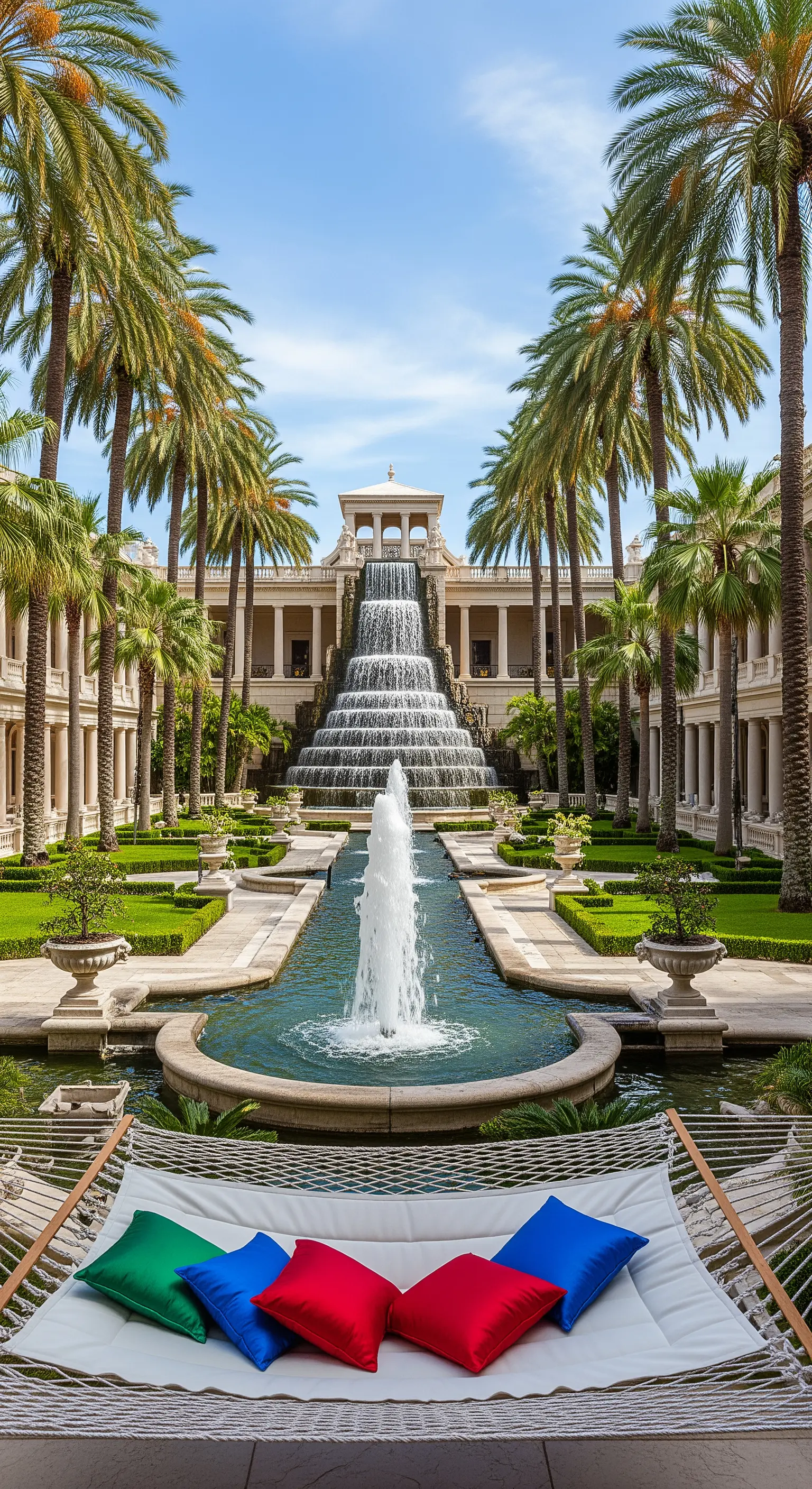 Amaca con cuscini colorati in primo piano, con vista su un imponente giardino formale con una grande fontana
