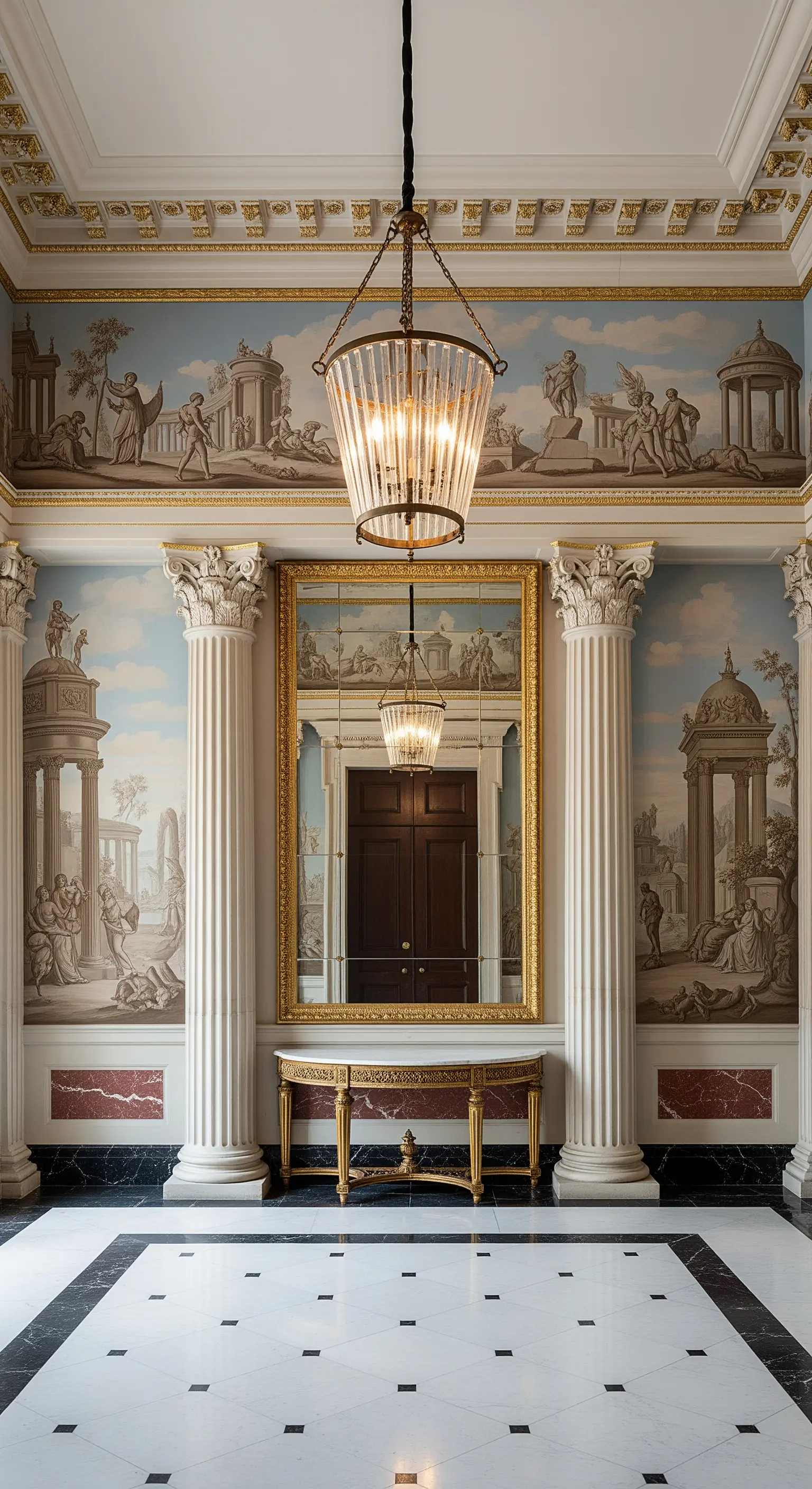 Atrio neoclassico con murale grisaille, colonne corinzie e un grande specchio dorato.