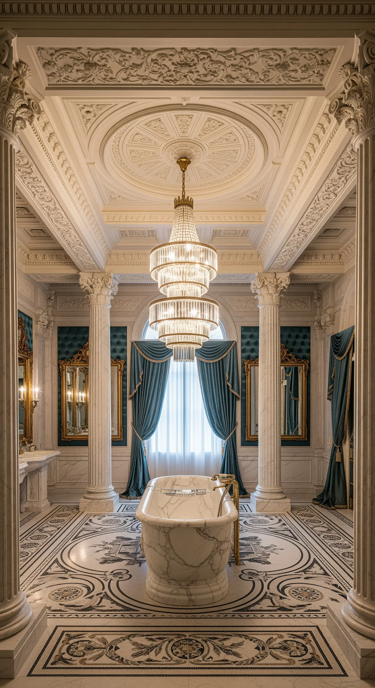 Bagno neoclassico con colonne in marmo, pavimento a mosaico e un grande lampadario di cristallo.
