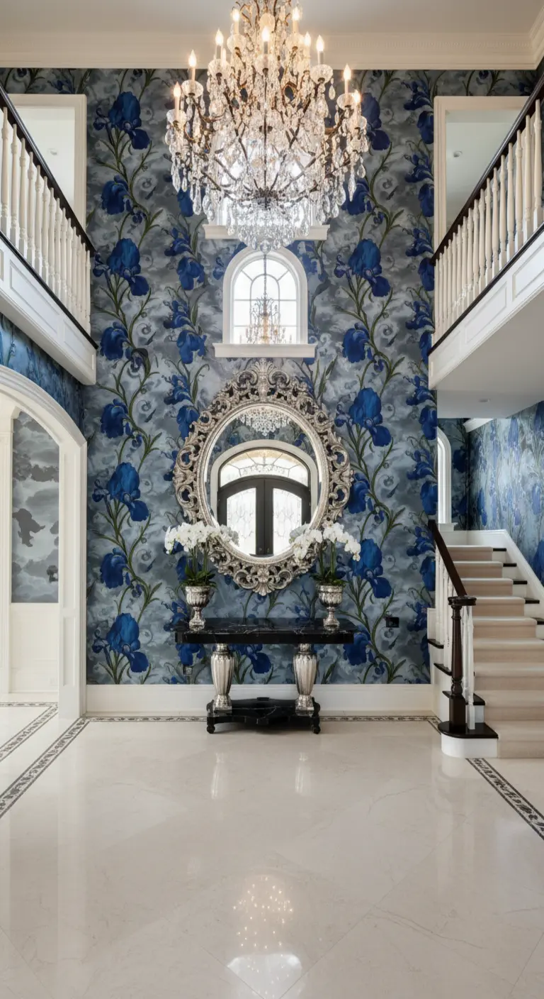 Foyer a doppia altezza con carta da parati a grandi iris blu e un imponente lampadario di cristallo.
