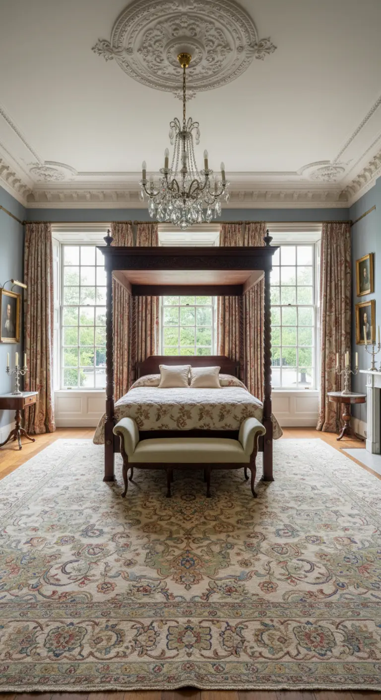 Camera da letto classica con letto a baldacchino, soffitto decorato e grande tappeto centrale.