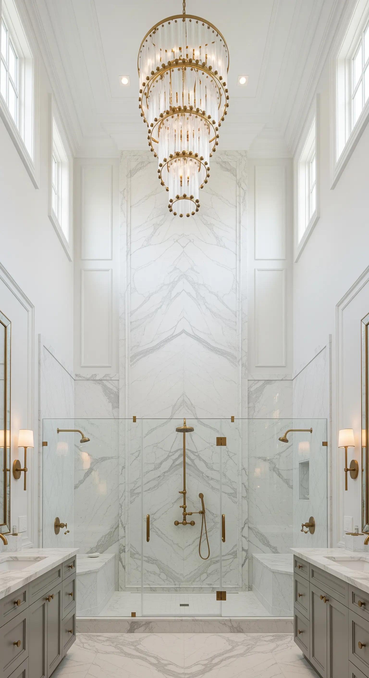 Bagno maestoso con soffitti alti, doccia doppia in marmo e un grande lampadario a cascata.