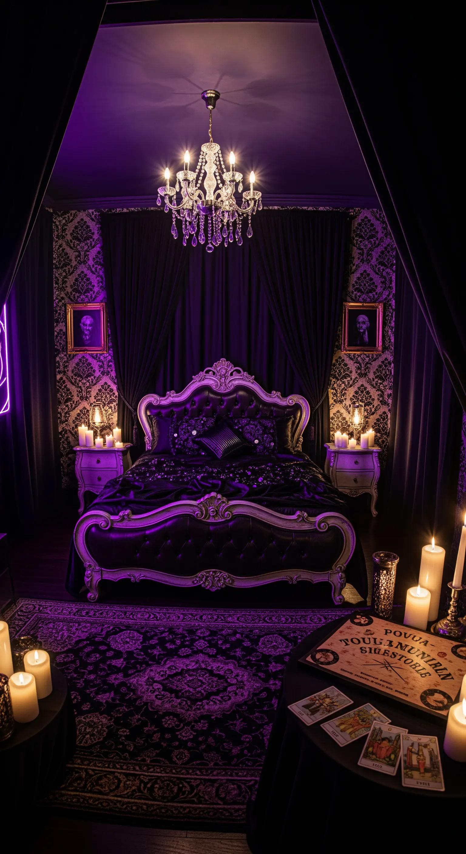 Camera da letto gotica-vittoriana con letto sontuoso, candelabri e luci d'atmosfera viola.