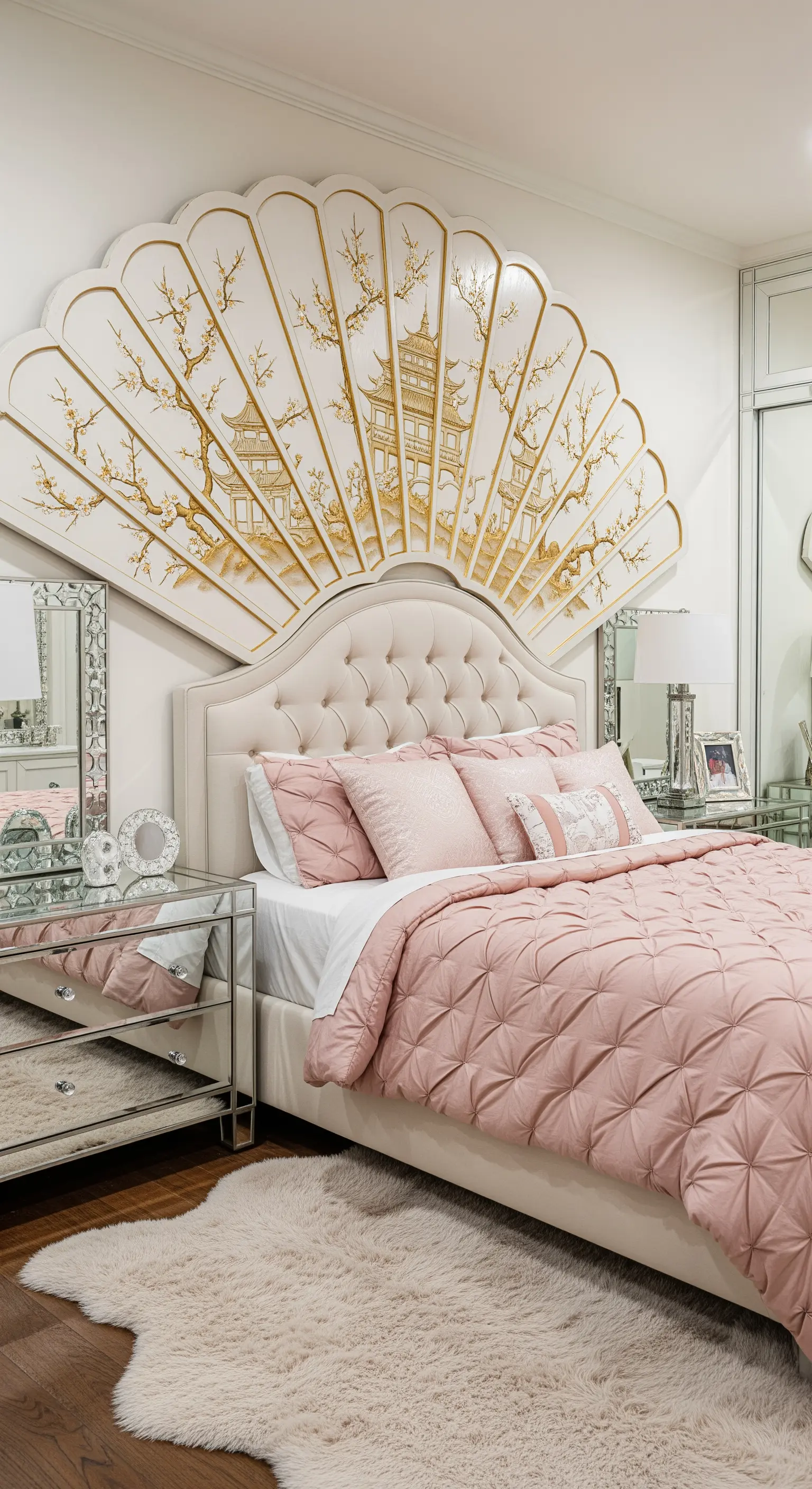 Grande testiera a forma di ventaglio con dipinti chinoiserie sopra un letto imbottito rosa.