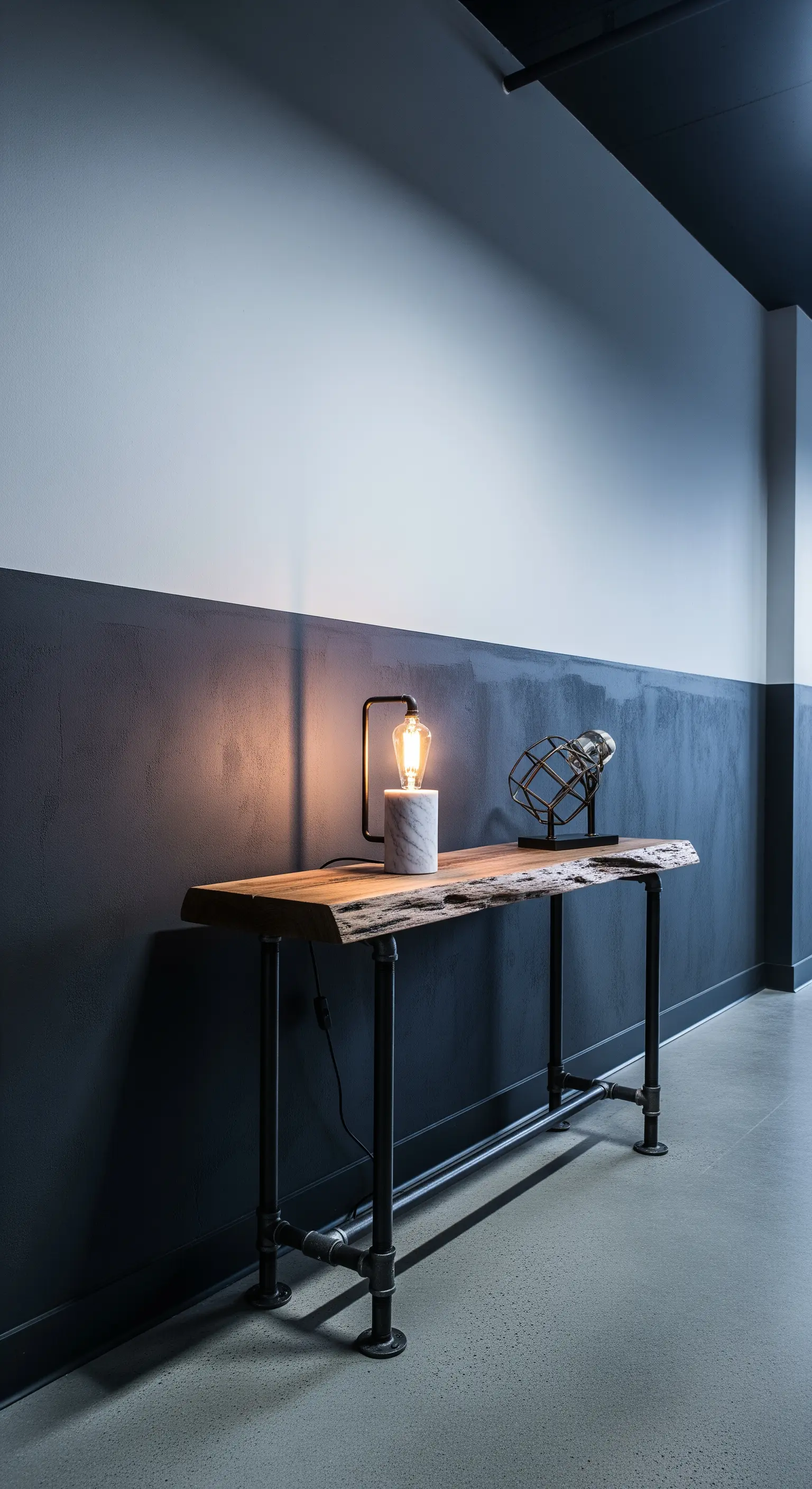 Ingresso industriale con parete grigio scuro, consolle in legno grezzo e tubi metallici.
