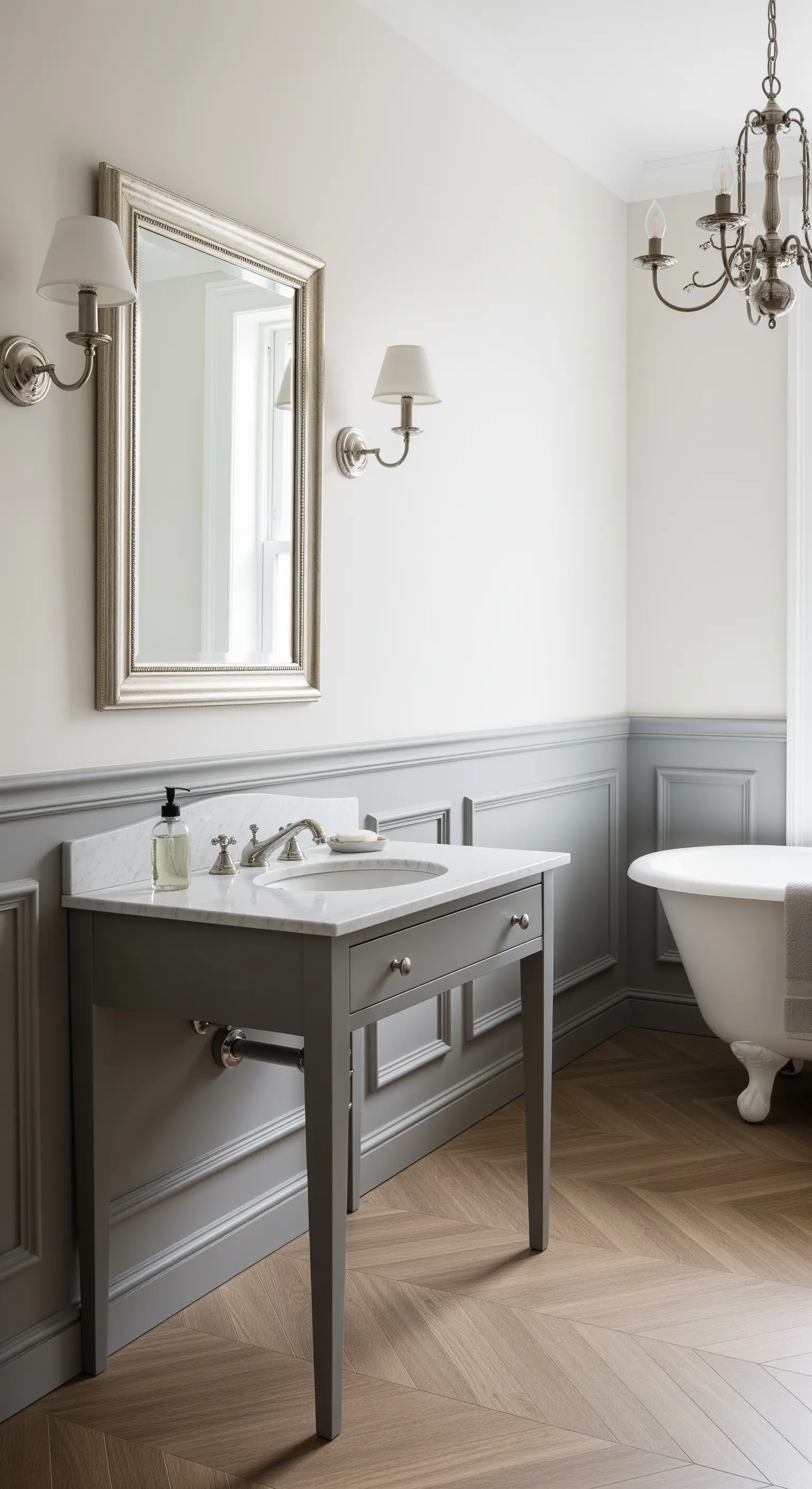 Bagno elegante con boiserie grigia, lavabo coordinato e vasca freestanding.