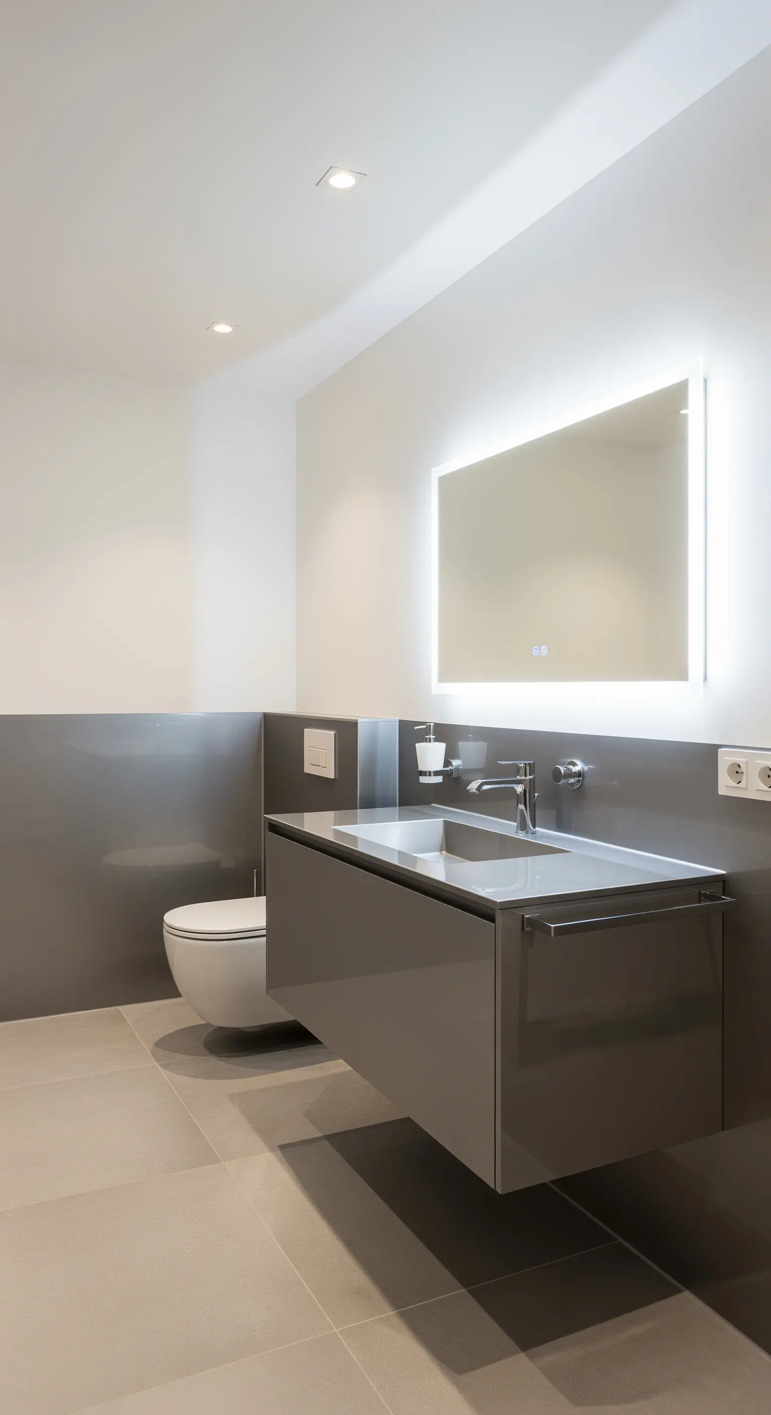 Bagno moderno con pannelli grigio lucido, mobile sospeso e specchio retroilluminato.