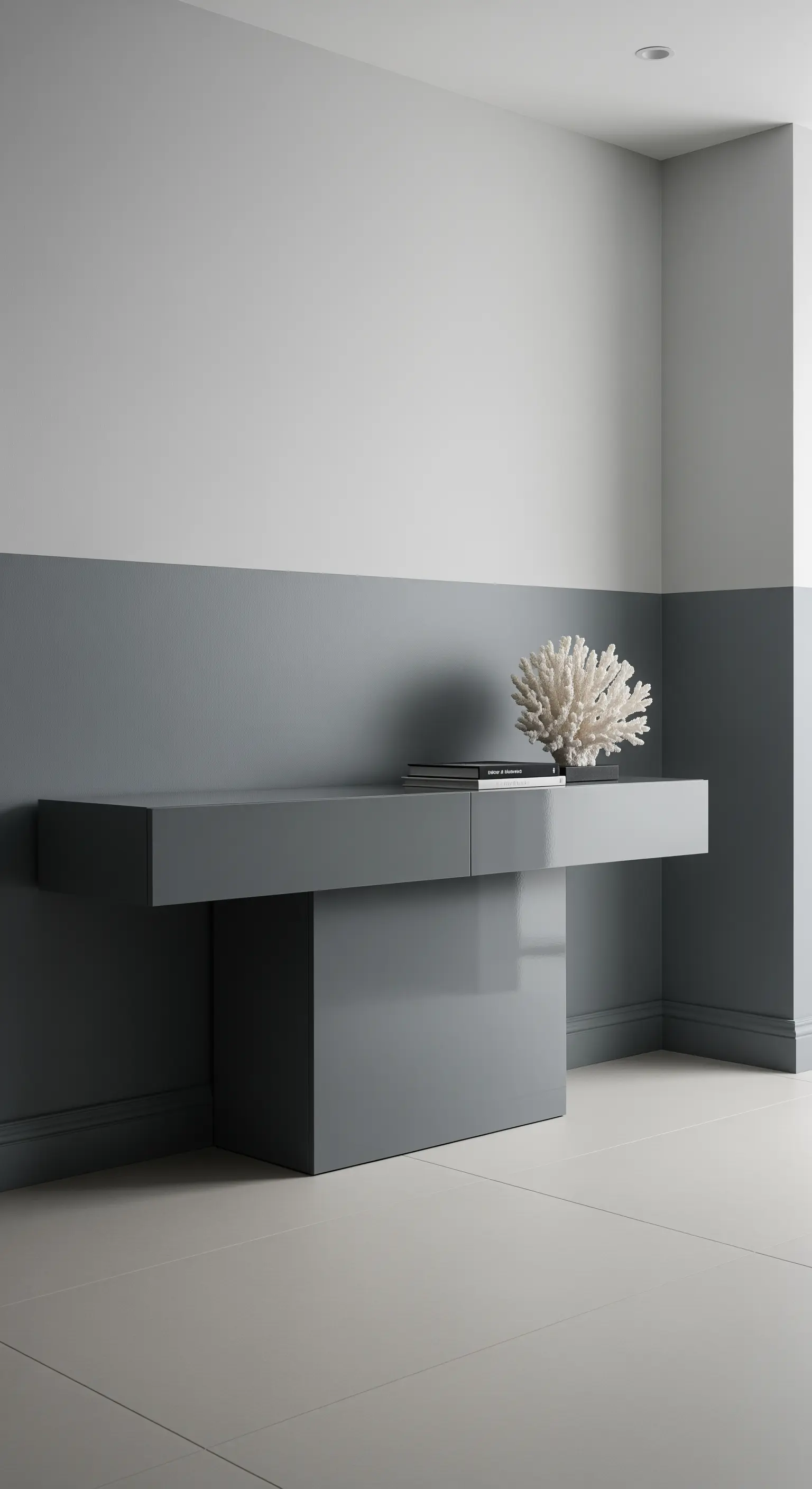 Ingresso monocromatico con parete e consolle scultorea in diverse tonalità di grigio.