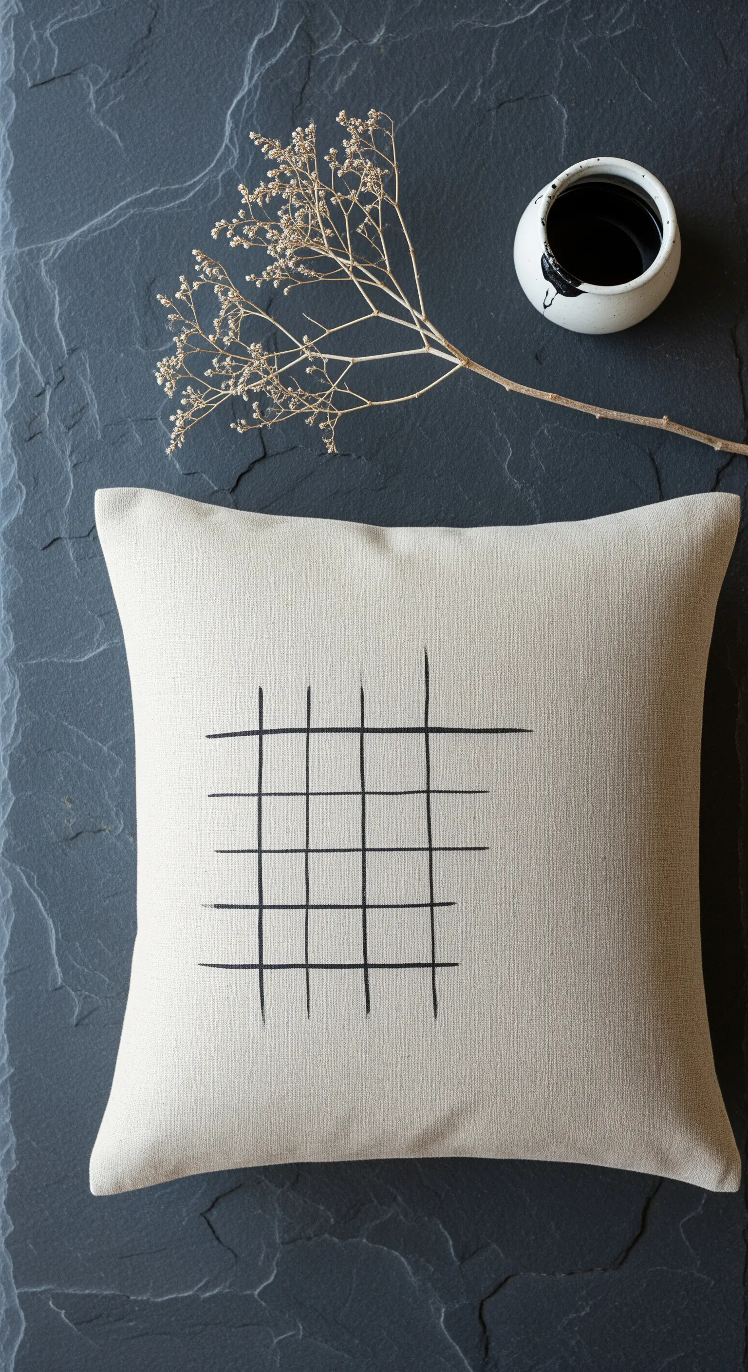 Cuscino in lino grezzo con una griglia nera irregolare disegnata a mano, su una superficie di ardesia.