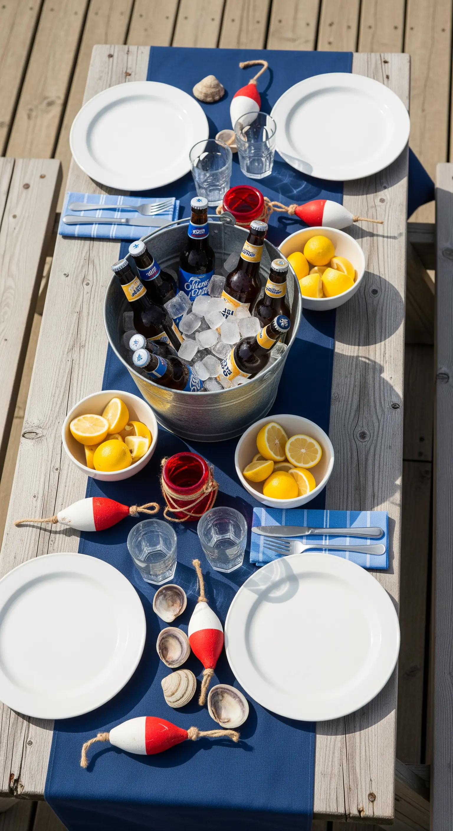 Tavolo da picnic con runner blu, secchio di birre e decorazioni nautiche.