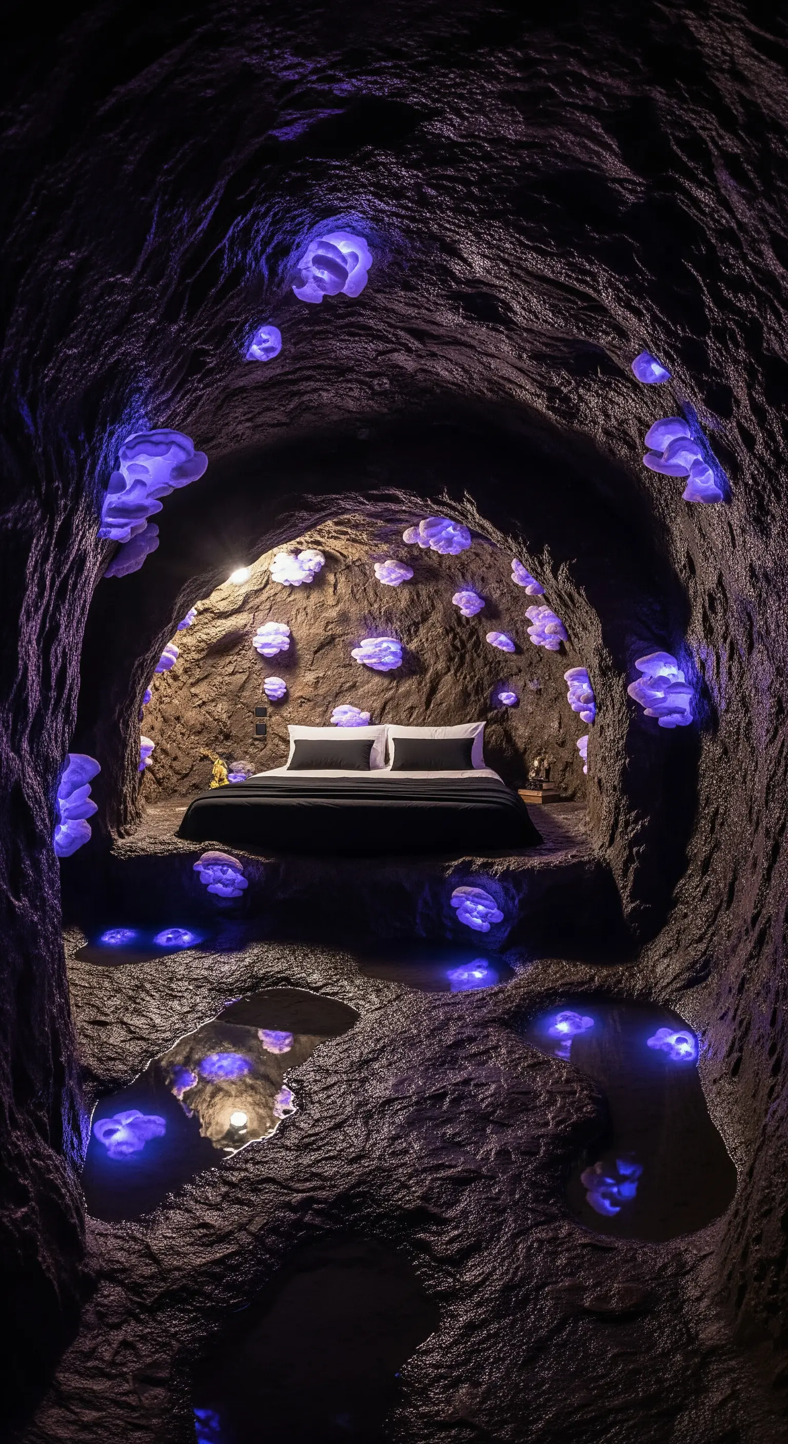 Letto nero in una grotta illuminata da funghi bioluminescenti viola.