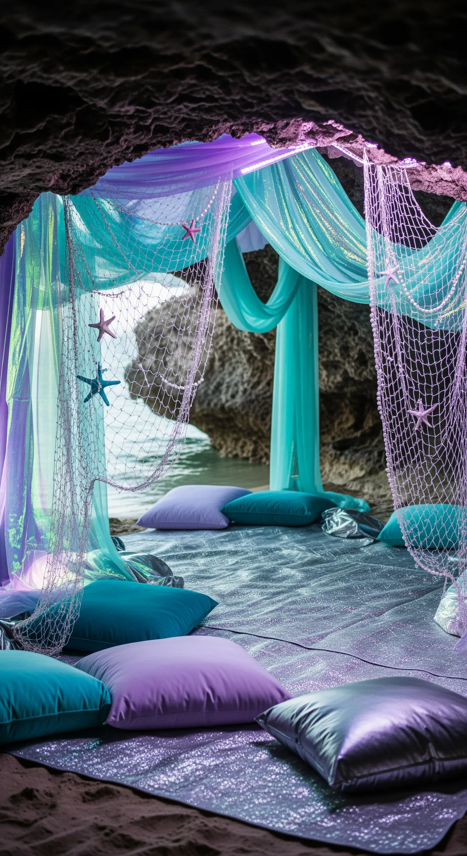 Allestimento a tema sirena in una grotta con teli iridescenti, reti e cuscini