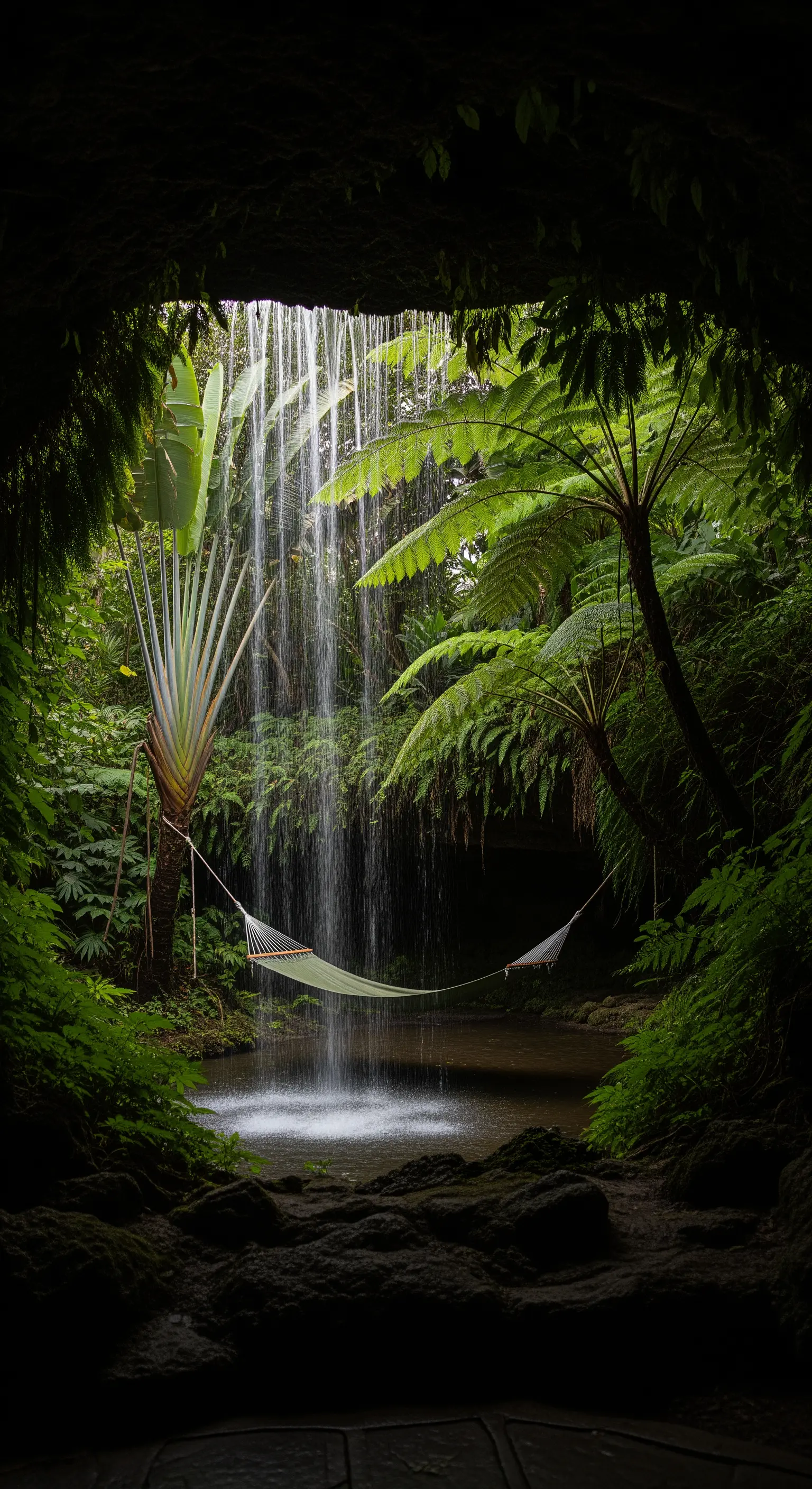 Vista da una grotta buia verso un'amaca posta dietro una cascata in una giungla lussureggiante