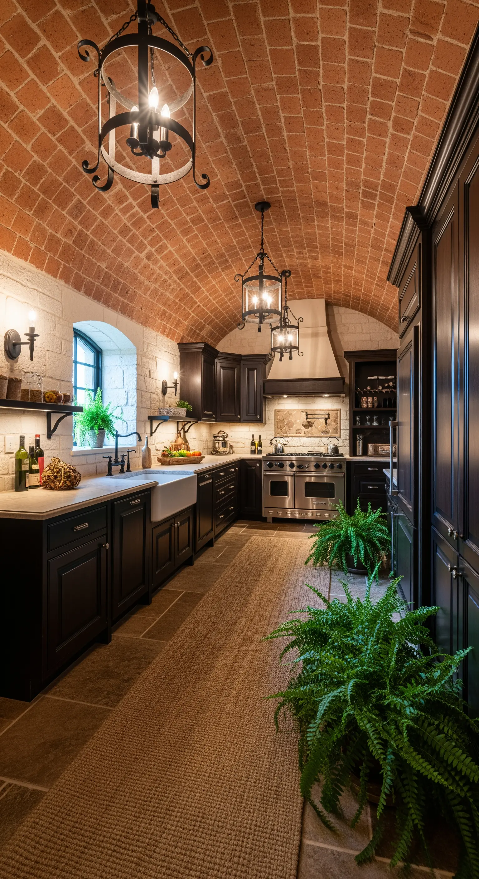 Cucina suggestiva con soffitto a volta in mattoni e mobili in legno scuro.