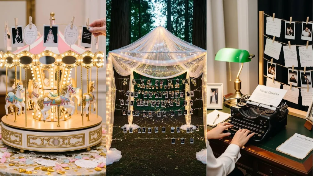 Trio di guestbook alternativi: giostra con polaroid, allestimento esterno luminoso e macchina da scrivere con messaggi vintage.