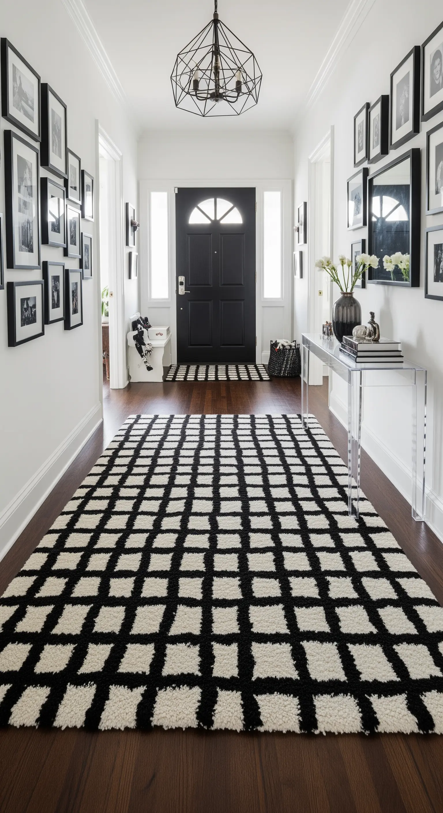 Lungo corridoio con pavimento in legno scuro e un runner a scacchiera bianco e nero a pelo lungo.