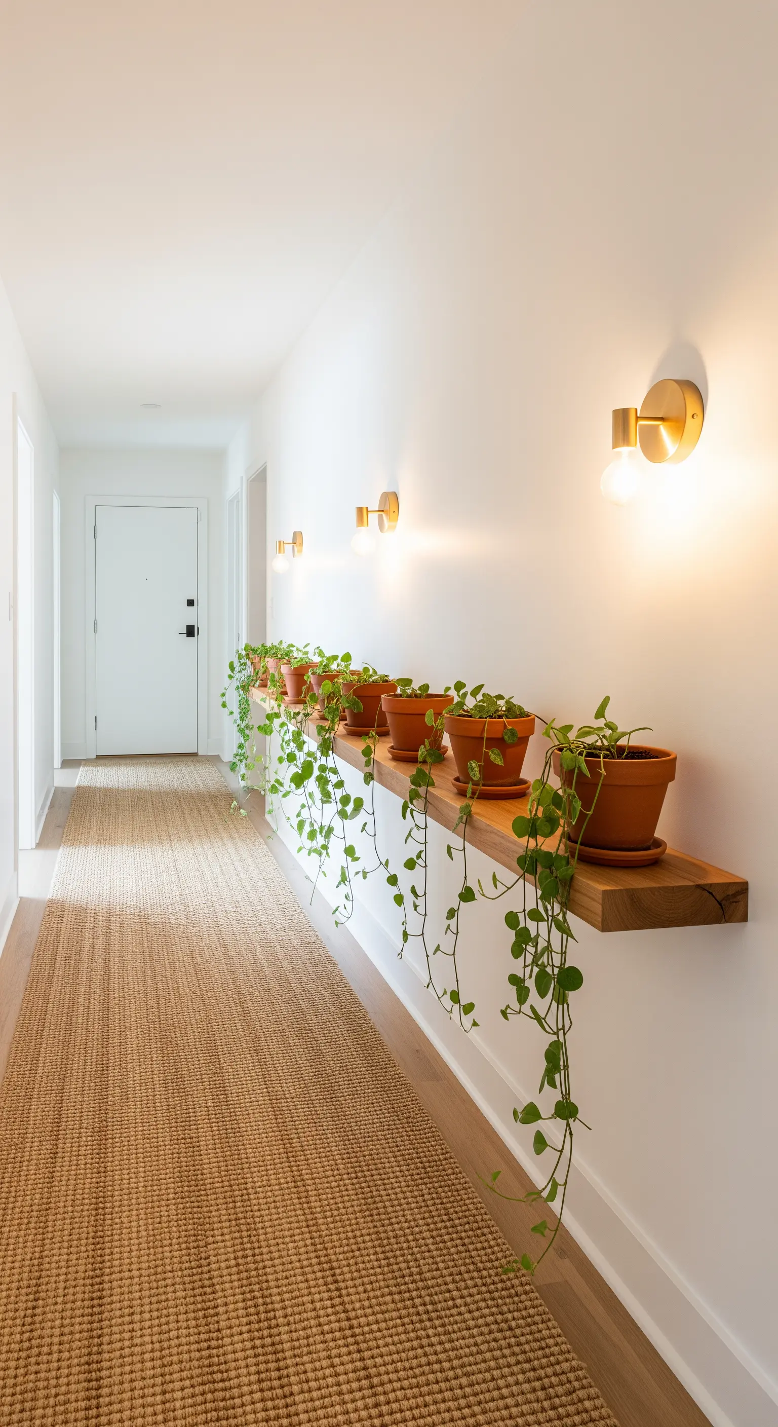 Corridoio con una lunga mensola in legno che ospita una fila di piante in vasi di terracotta.