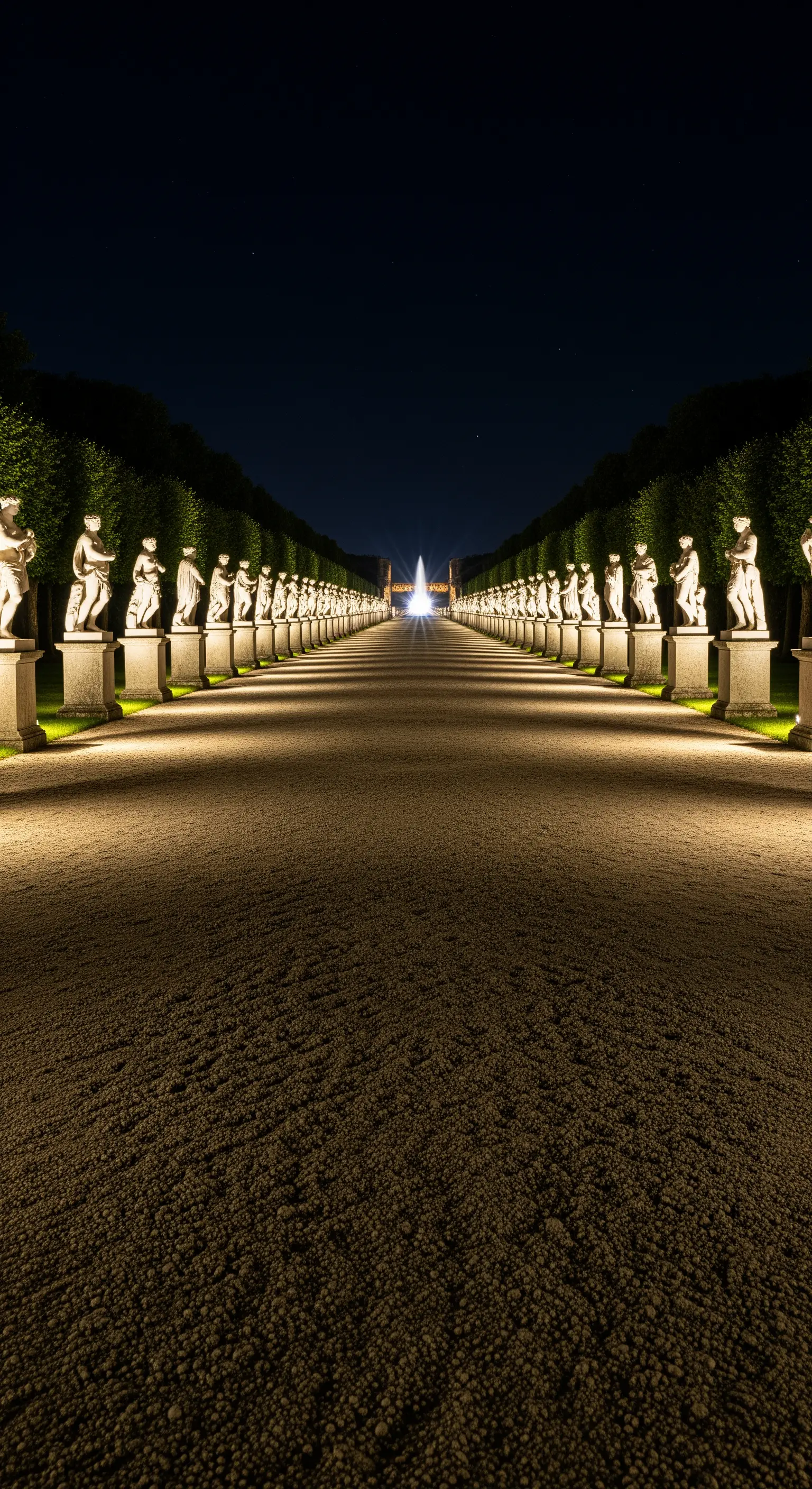 Lungo viale di ghiaia fiancheggiato da decine di statue illuminate, che conduce a una fontana in lontananza.