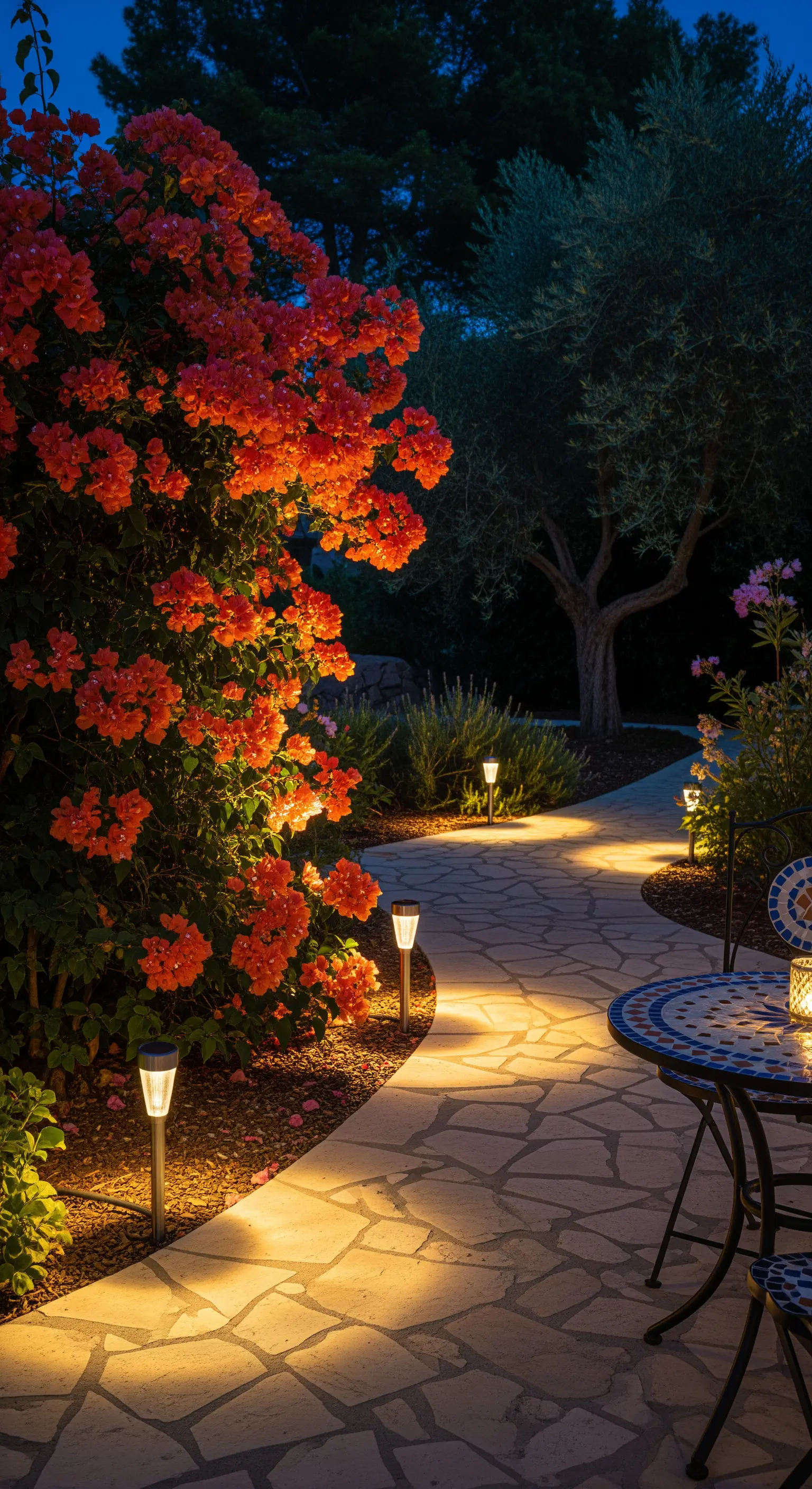 Sentiero in pietra illuminato da lampioncini, con bouganville e tavolo a mosaico.