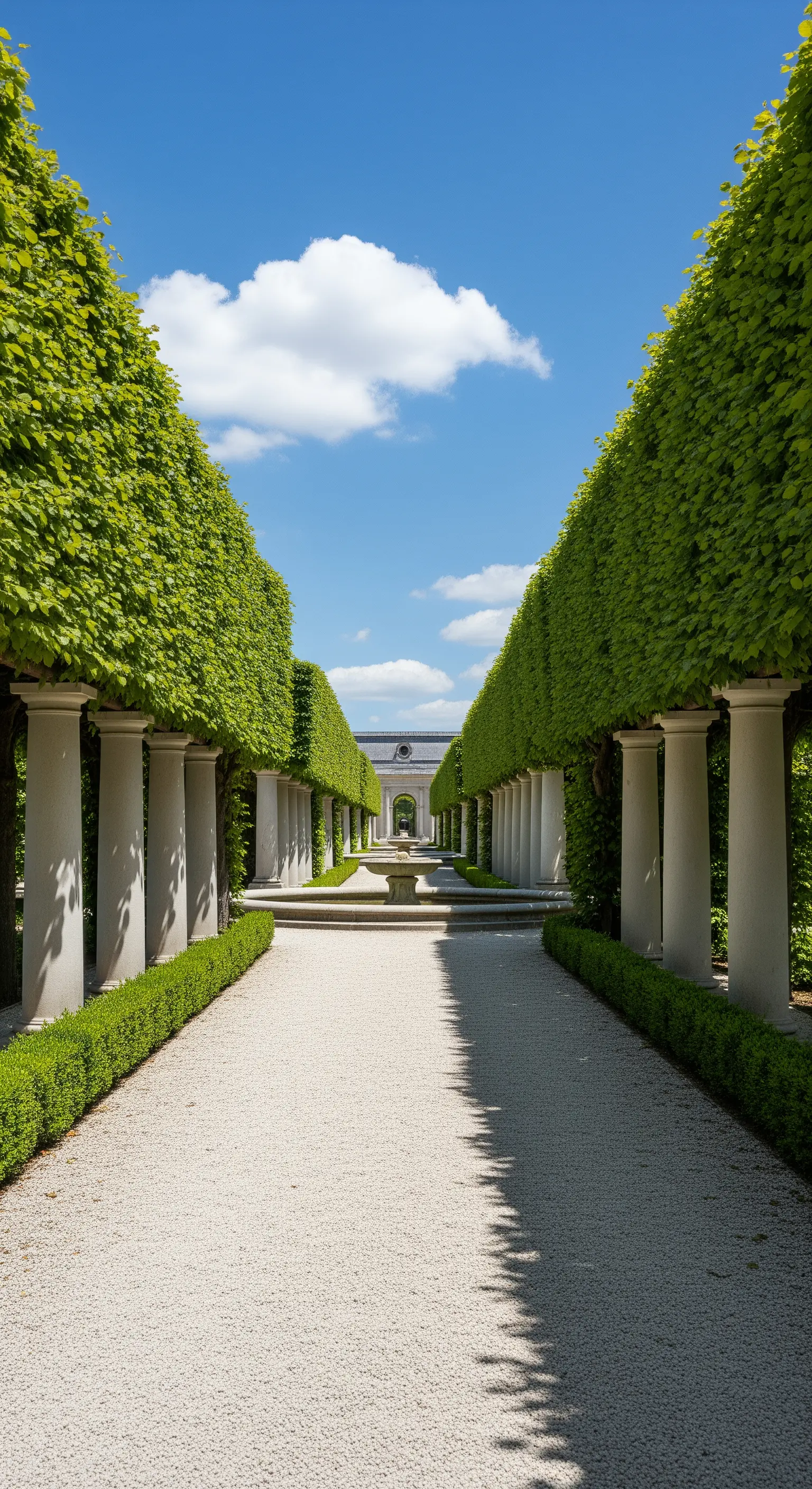 Lungo viale in ghiaia fiancheggiato da colonne e alberi che creano una prospettiva.