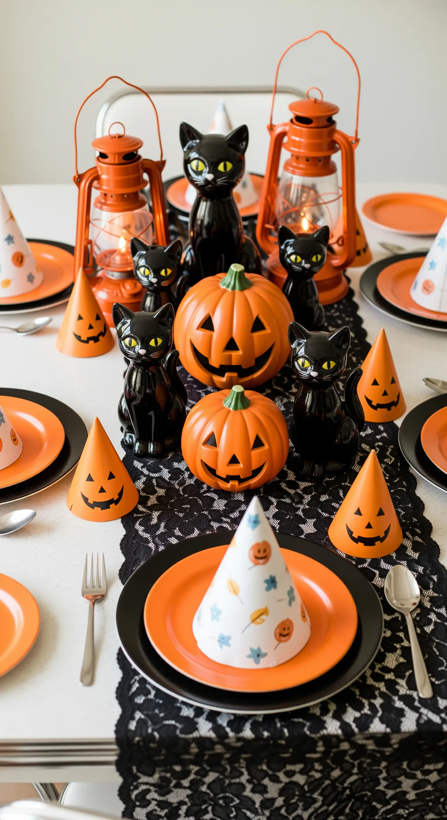 Tavola di Halloween per bambini con gatti neri, zucche e decorazioni arancioni.
