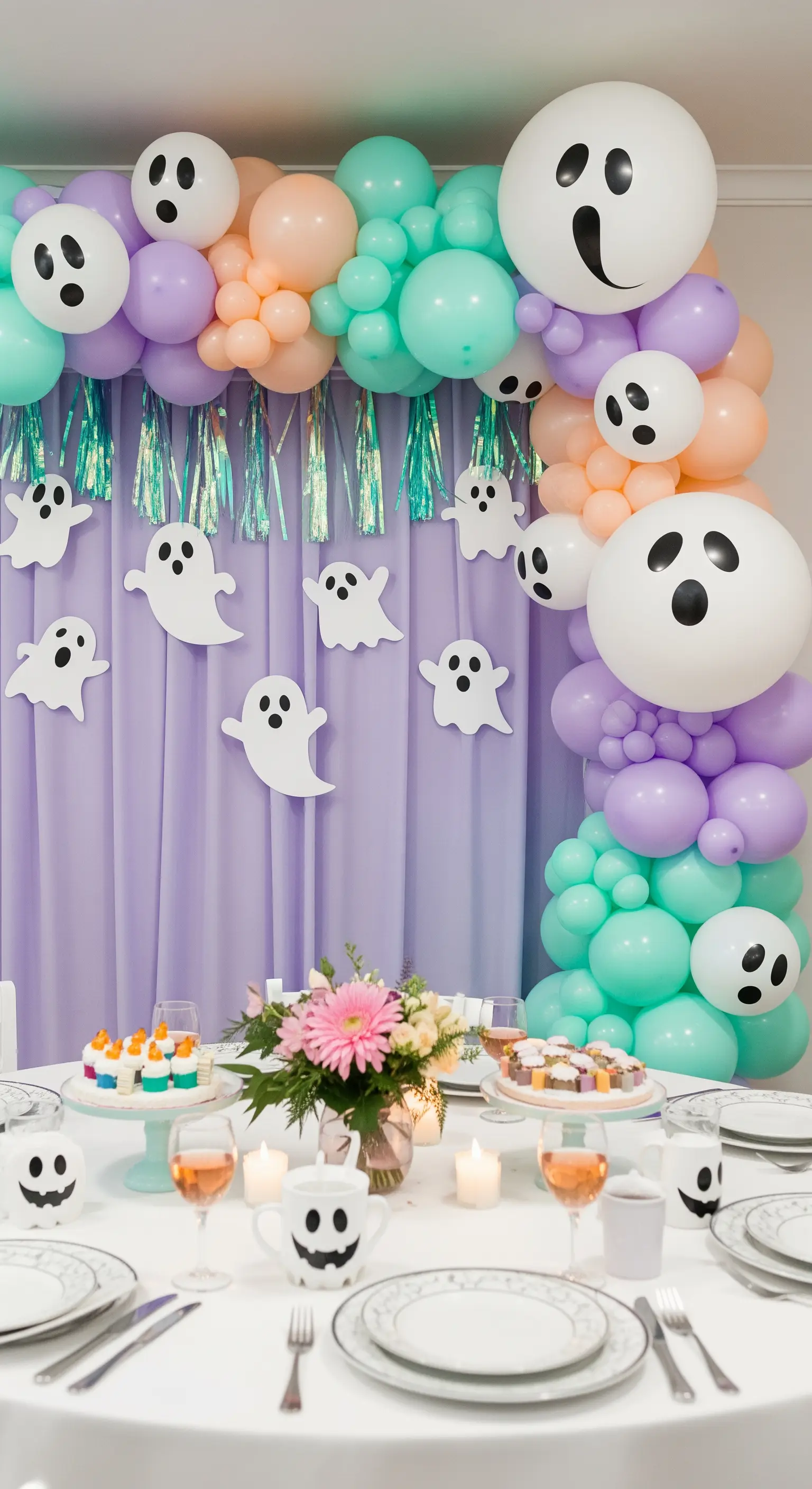 Decorazione di Halloween con fantasmi simpatici e palloncini in tonalità pastello.
