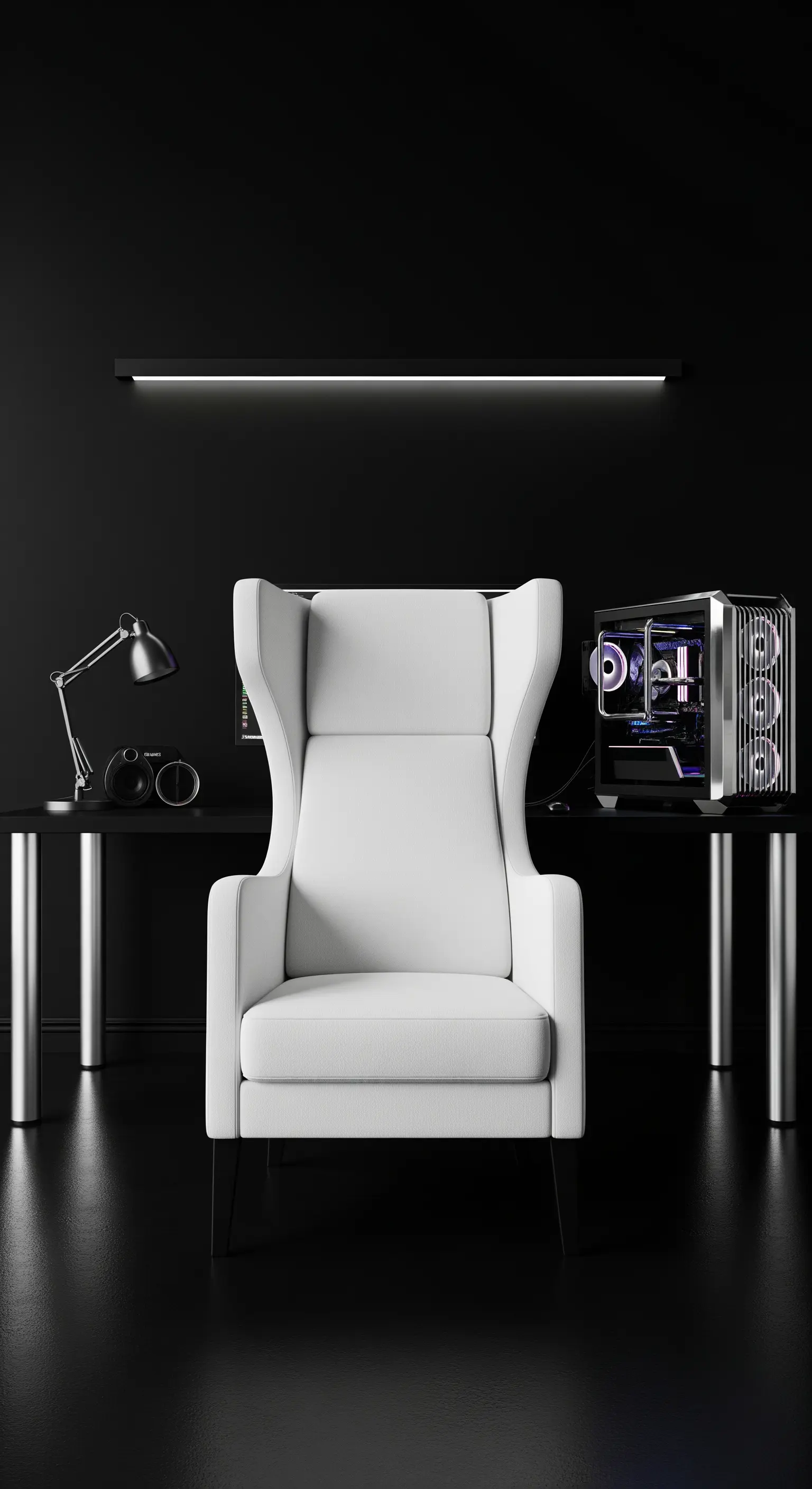 Poltrona wingback bianca in una postazione da gaming completamente nera con dettagli metallici.