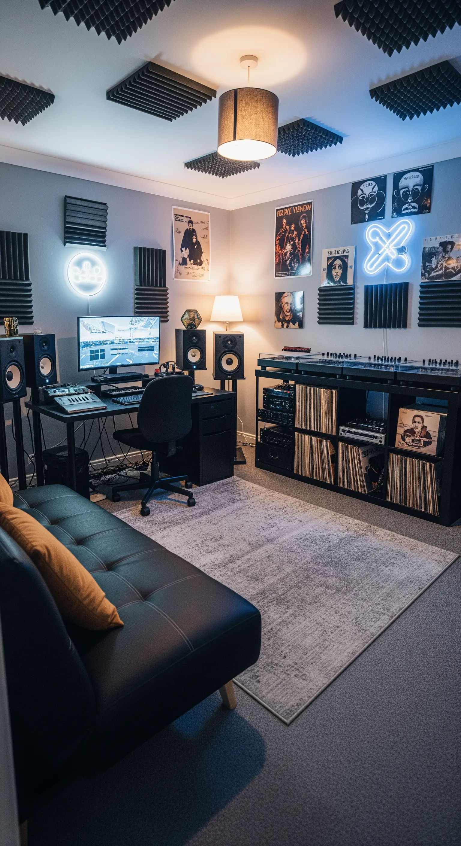 Stanza adibita a studio musicale con pannelli acustici, divano nero e luci al neon.