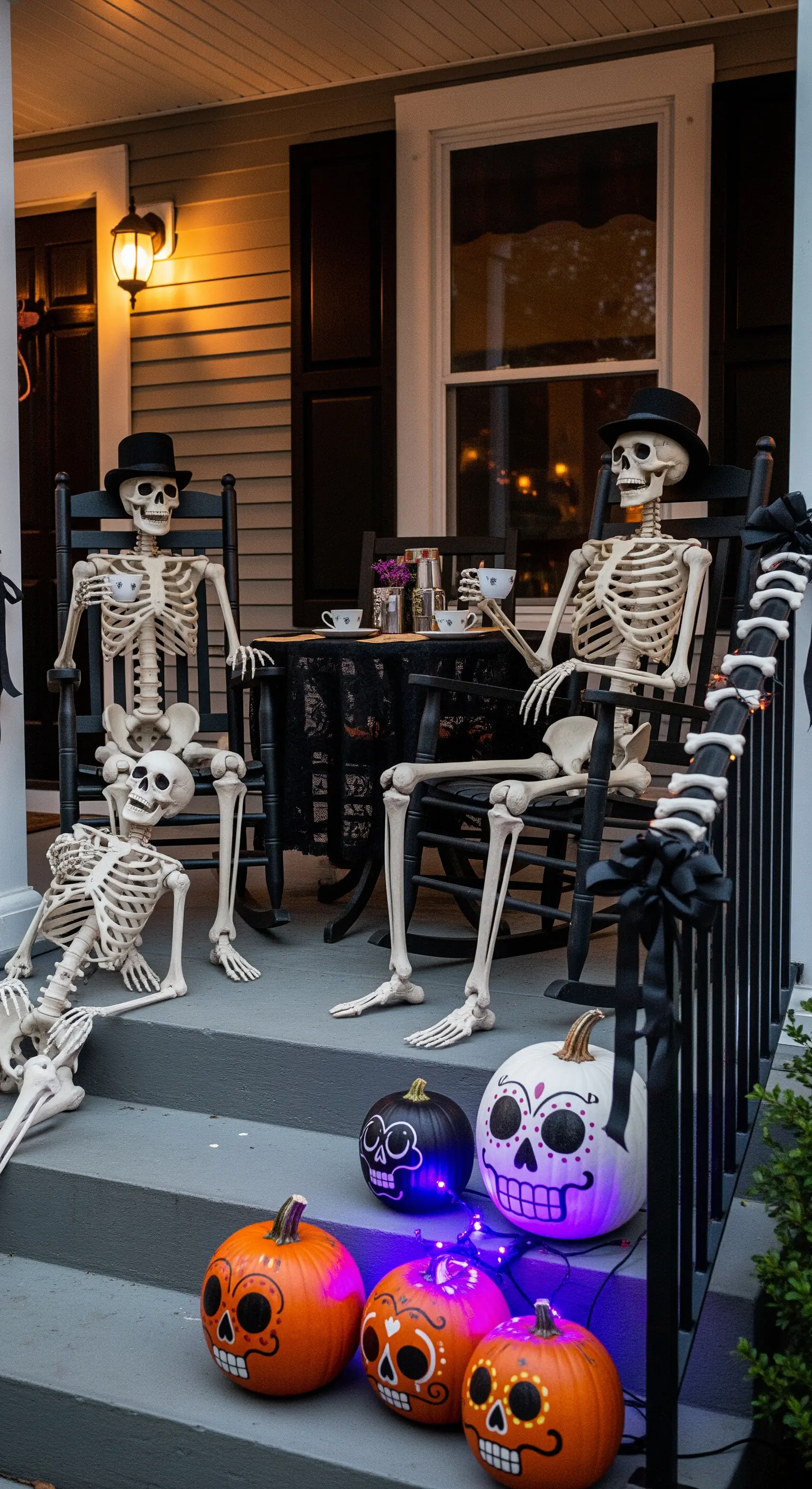 Una famiglia di scheletri seduta a un tavolino sul portico, con zucche decorate in stile calavera.