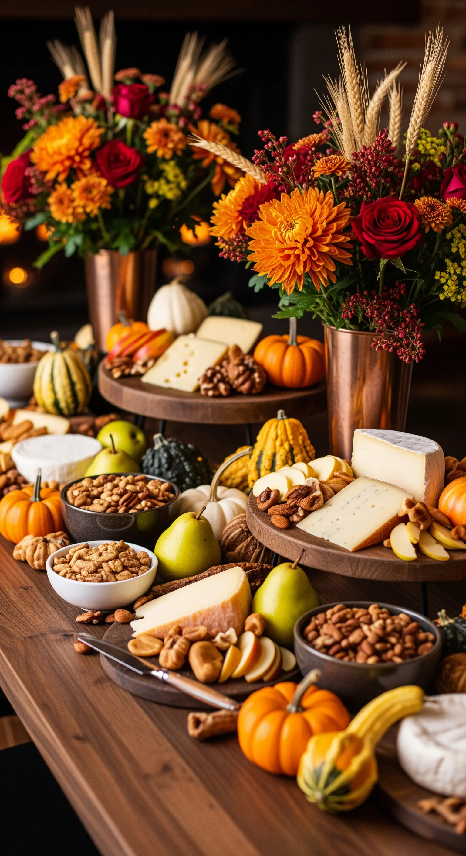 Buffet autunnale con formaggi, noci, pere, zucche decorative e fiori arancioni.