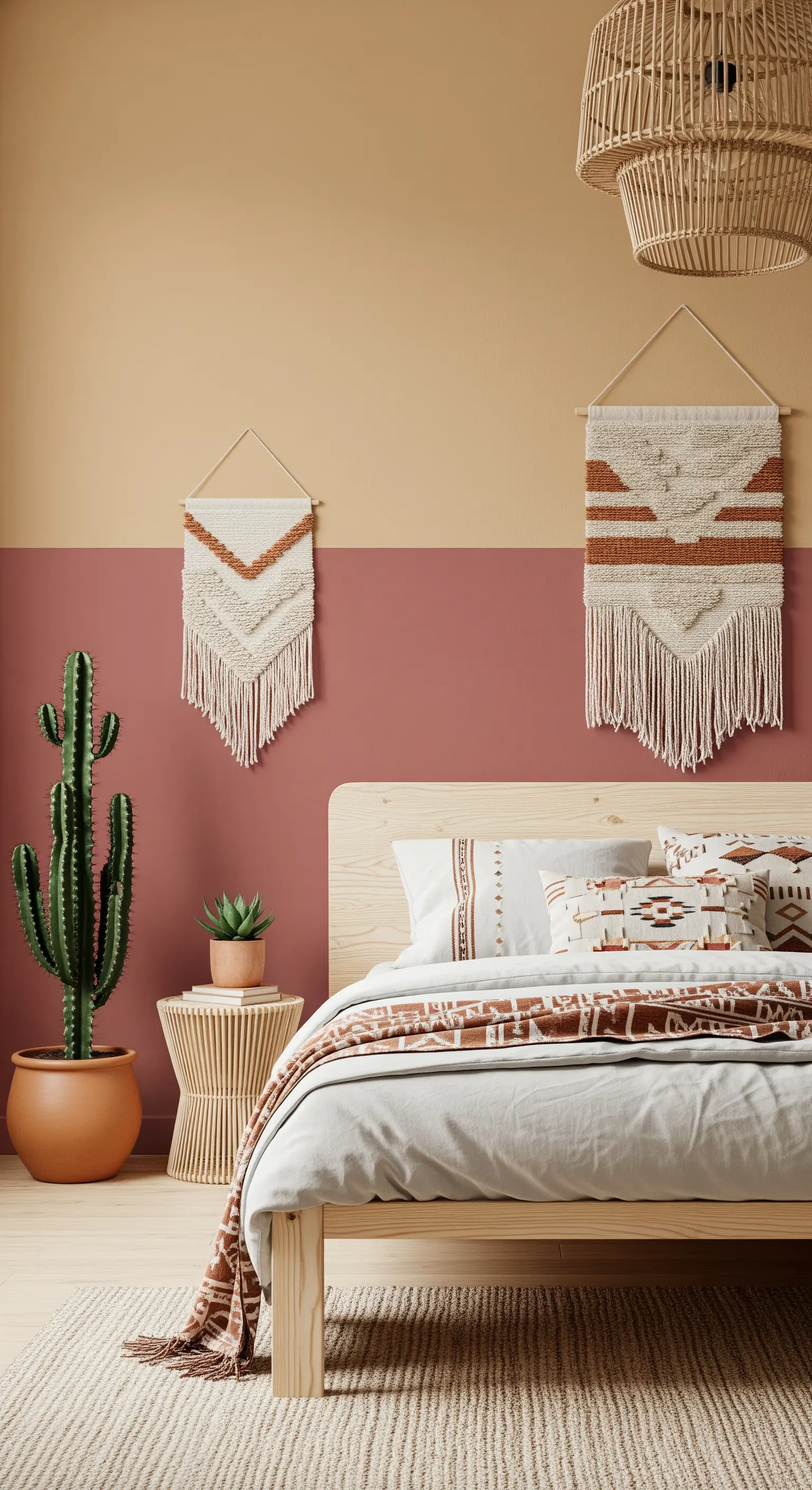 Camera da letto in stile Southwestern con parete bicolore rosa e beige, e decorazioni tessili.