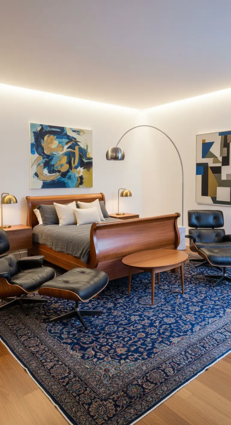 Camera da letto Mid-Century con poltrona Eames, letto danese e tappeto persiano blu.