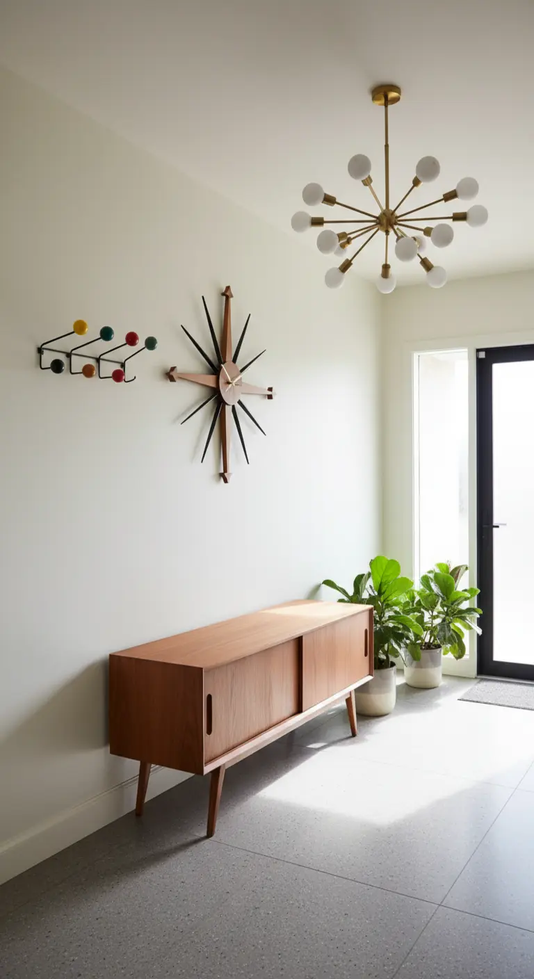 Credenza in teak stile Mid-Century con appendiabiti colorato e lampadario Sputnik.