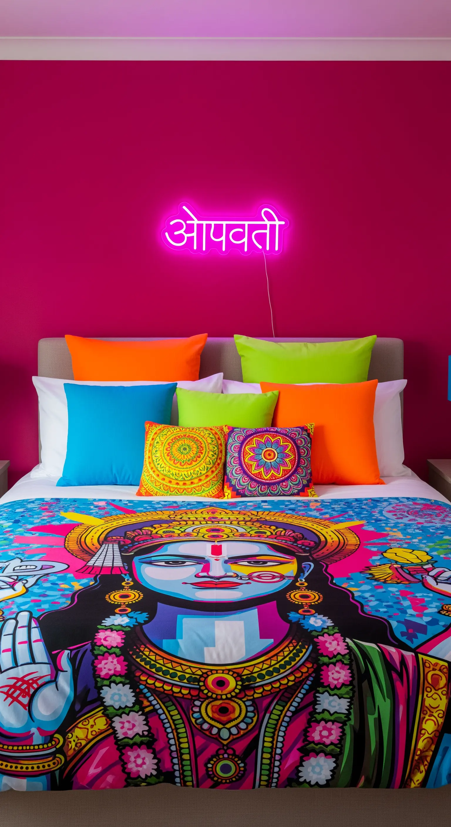Letto con copripiumino pop art raffigurante una divinità indù e parete fucsia con scritta al neon.