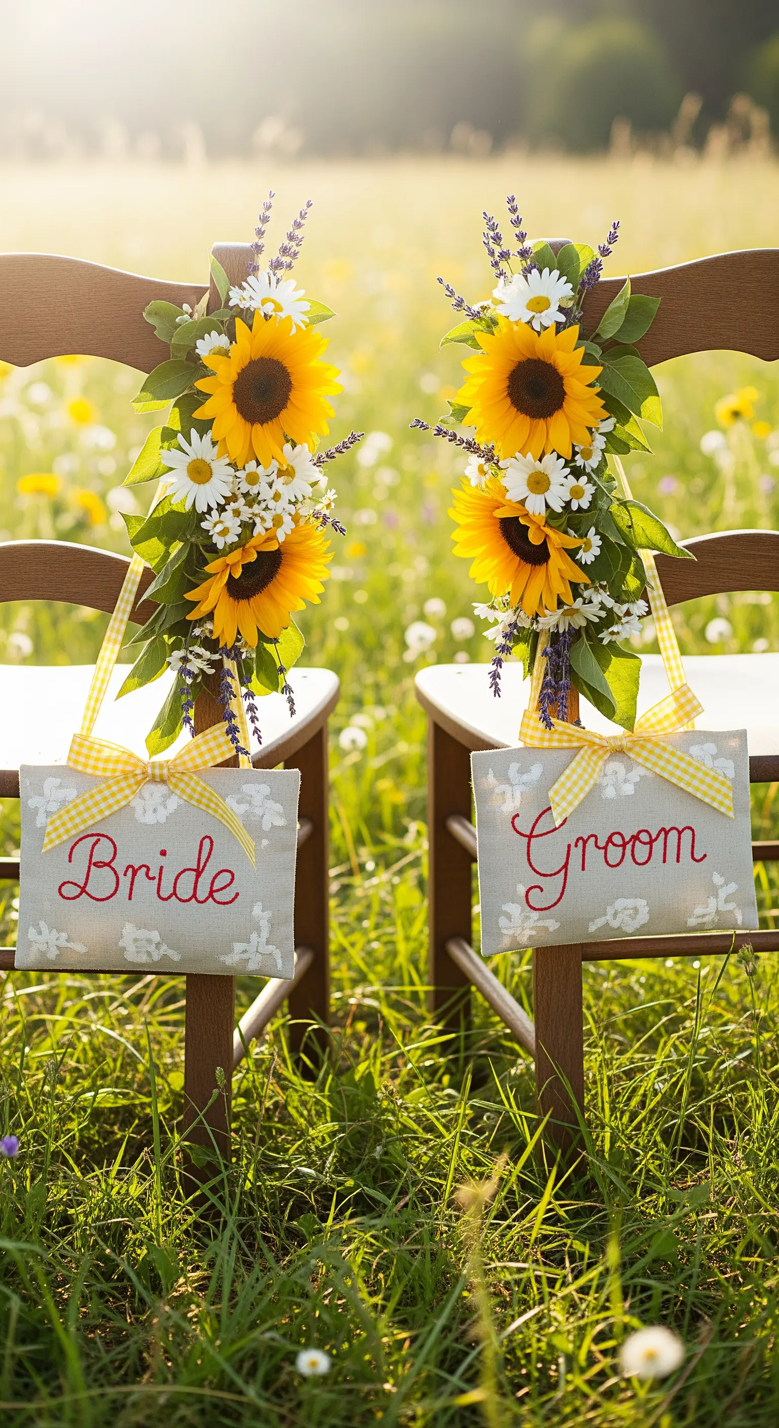 Sedie rustiche in un prato, decorate con bouquet di girasoli e insegne di lino ricamate.