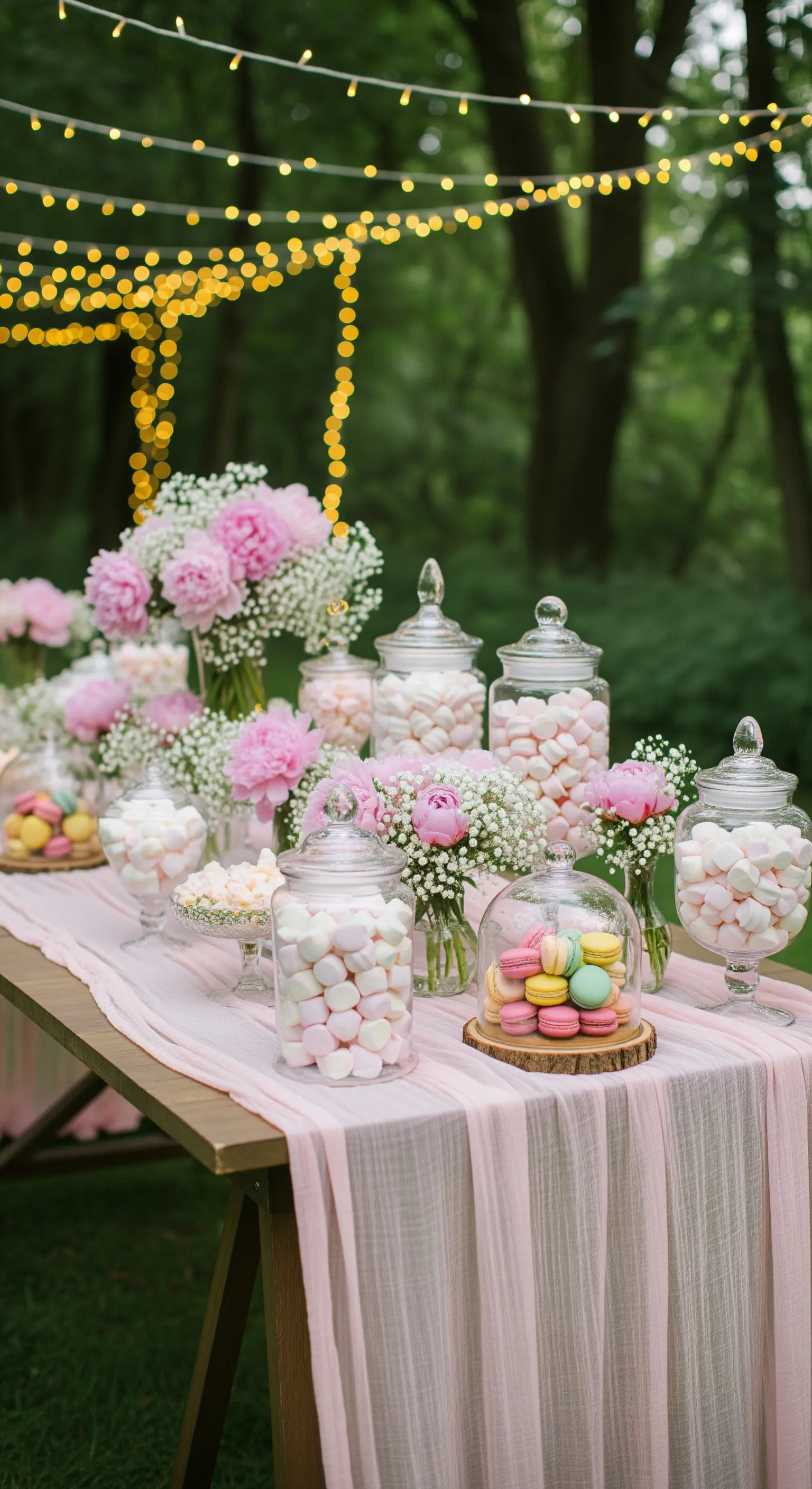 Candy bar in giardino con marshmallow, macarons e peonie rosa sotto una cascata di lucine calde.