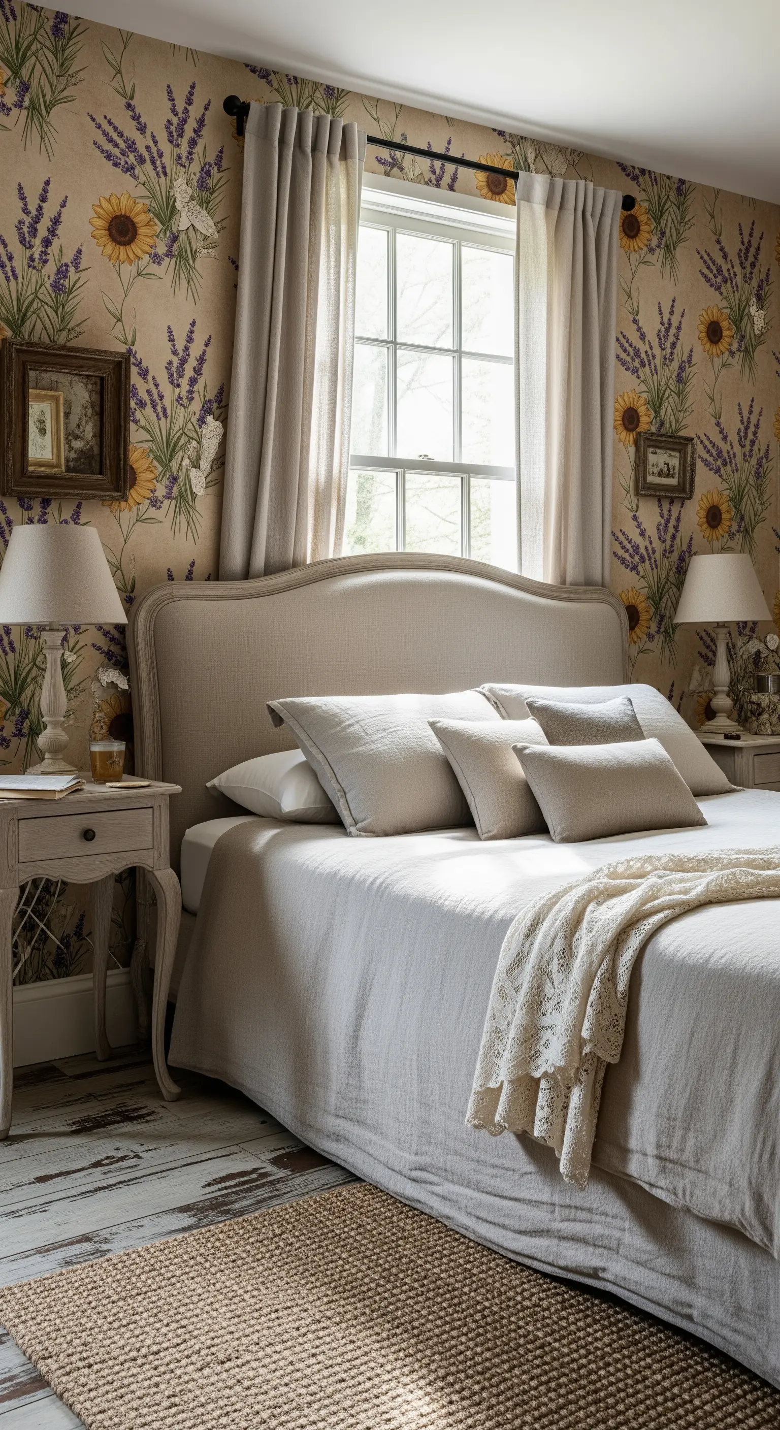 Camera in stile provenzale con carta da parati a tema lavanda e girasoli.