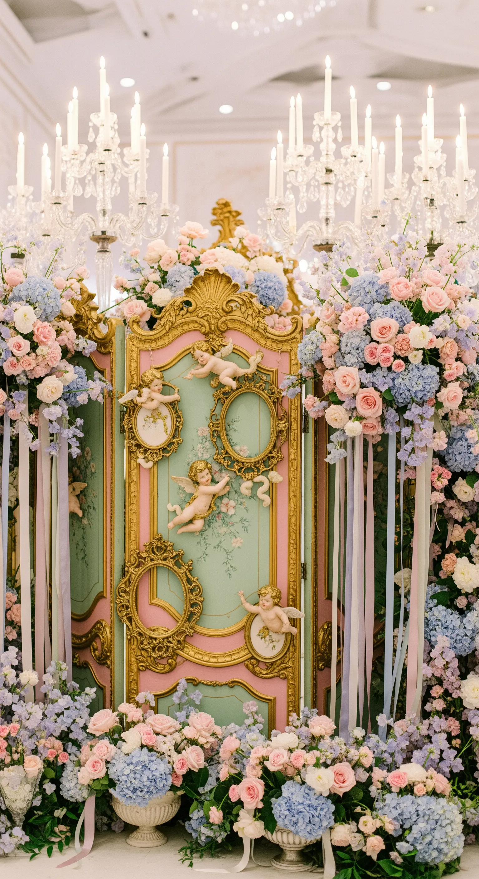 Paravento rococò decorato con cornici dorate e cherubini, circondato da sontuose composizioni floreali.