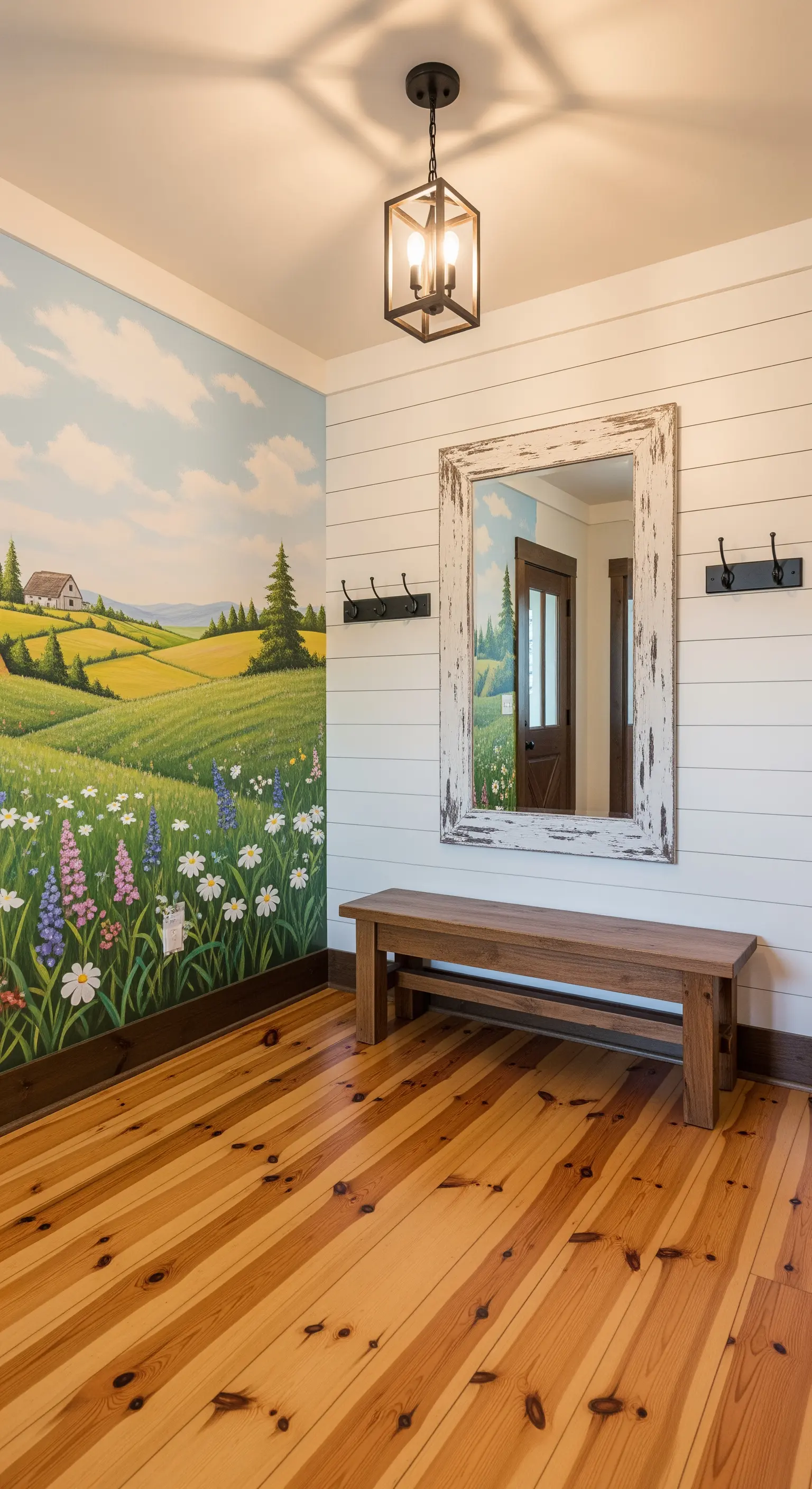 Ingresso rustico con murale di un paesaggio di campagna e specchio con cornice in legno decapato.