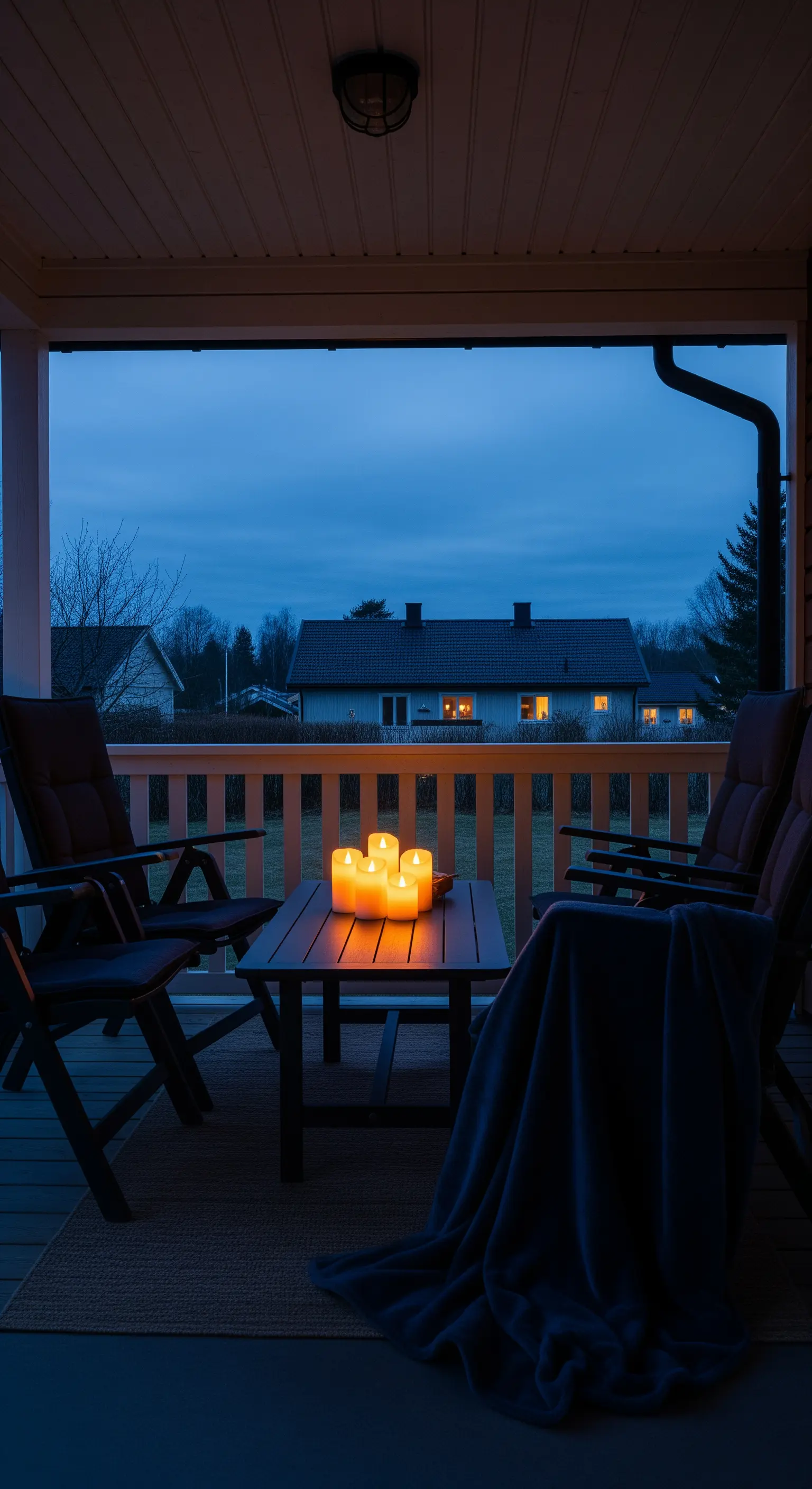 Portico al crepuscolo con un gruppo di candele a LED accese su un tavolino basso.