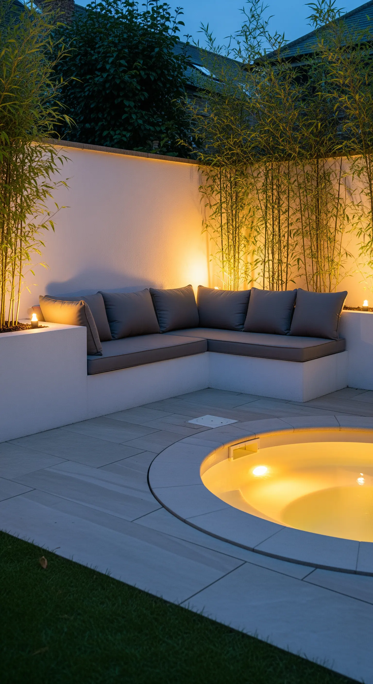 Patio minimalista con seduta grigia integrata, con luci calde che illuminano una parete di bambù.