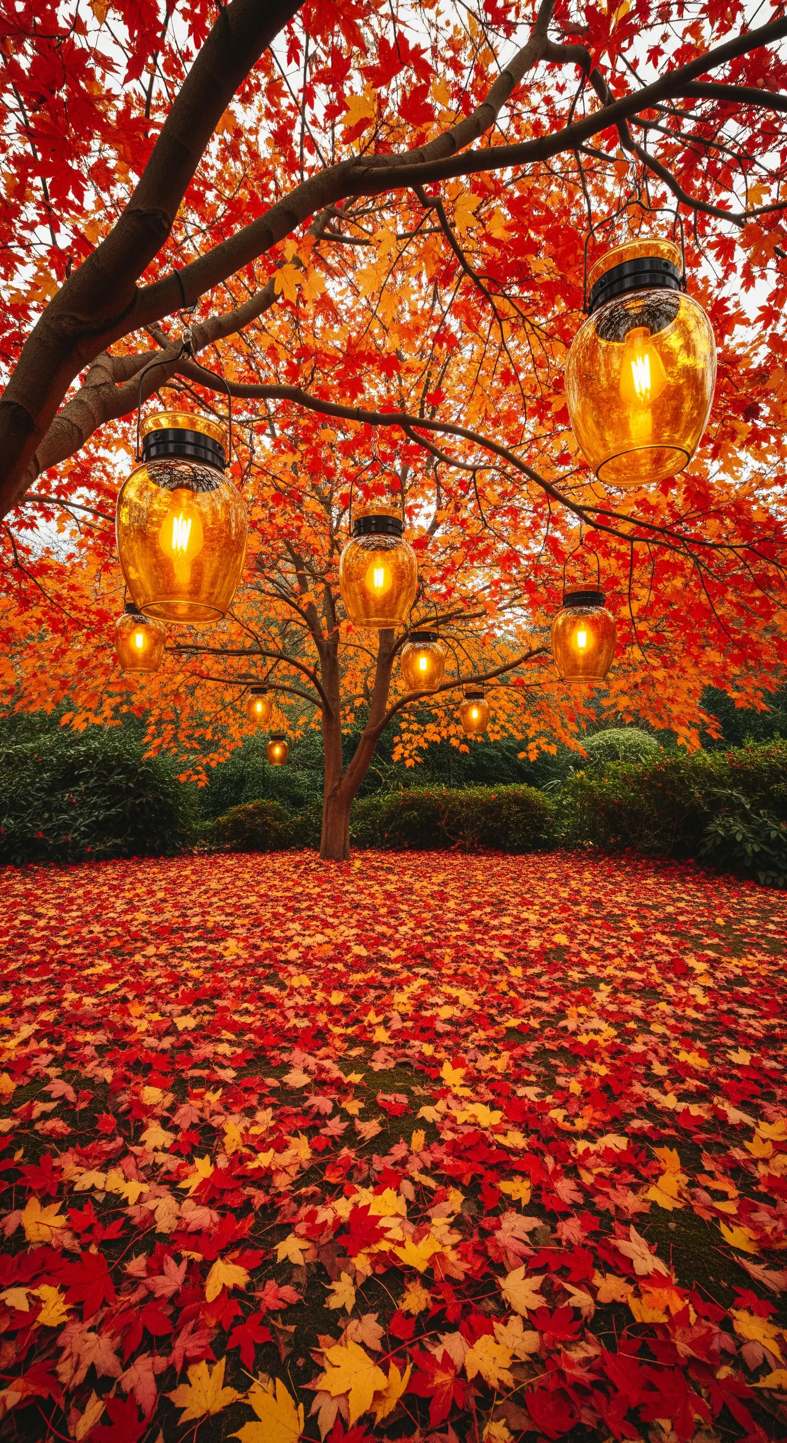 Lanterne in vetro ambrato appese a un acero giapponese con fogliame rosso e arancione.