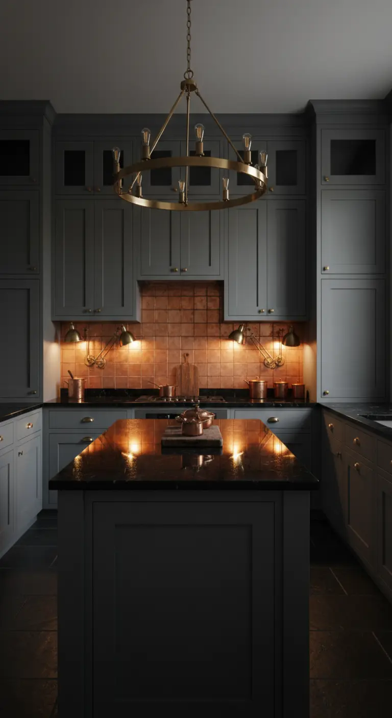 Cucina grigio scuro con paraschizzi in piastrelle di rame illuminate da applique calde.