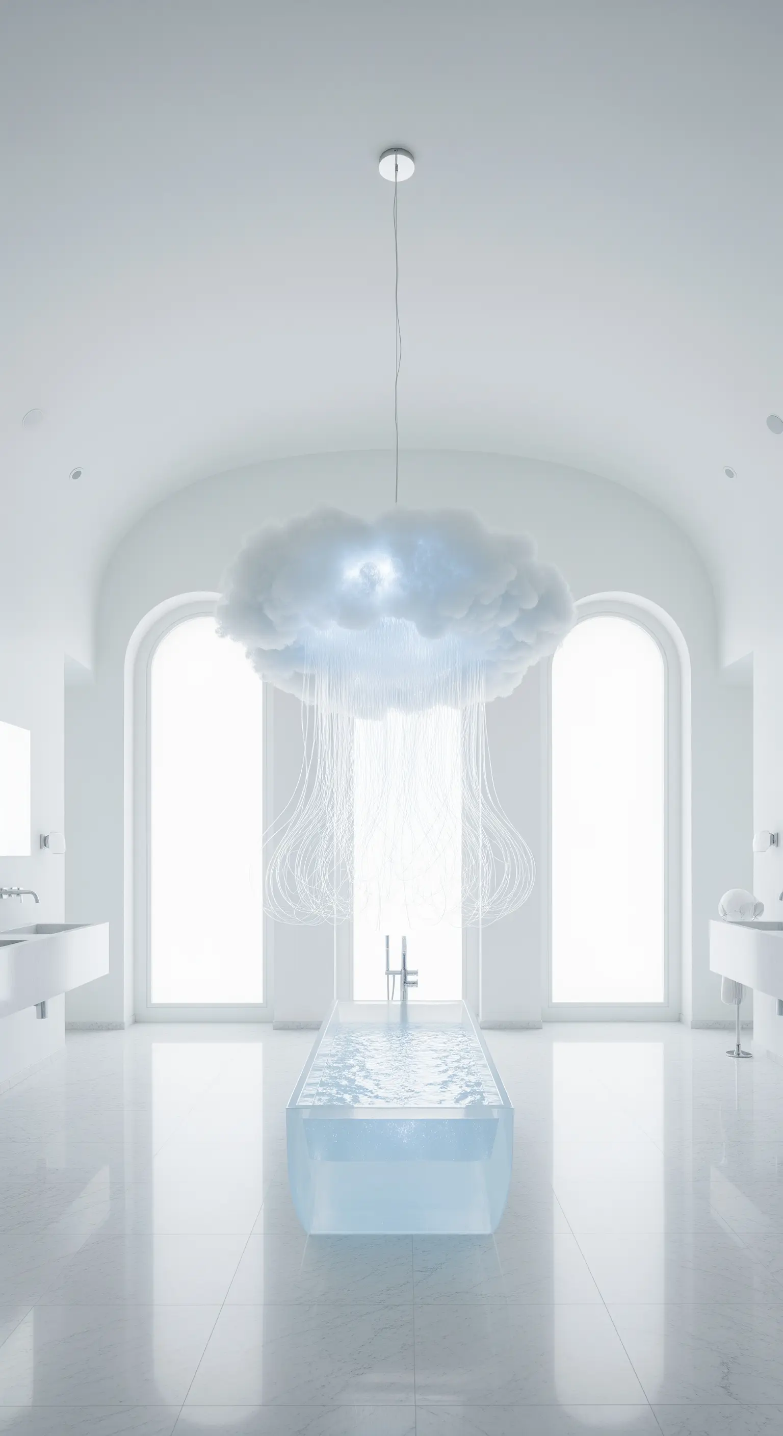 Bagno bianco minimalista con un lampadario a forma di nuvola da cui scende una pioggia di luce.