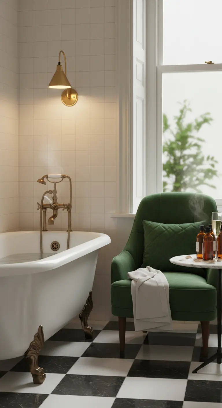 Bagno con vasca freestanding, pavimento a scacchi e una poltrona in velluto verde.