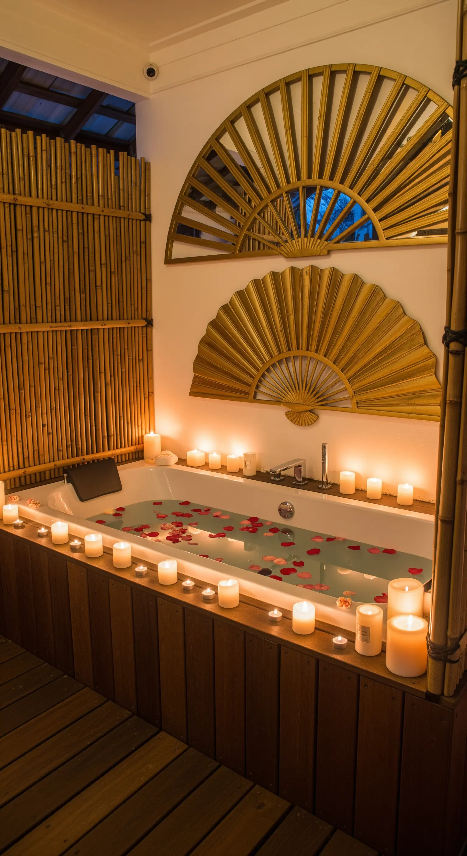 Vasca da bagno circondata da candele, con parete in bambù e specchi dorati a ventaglio.