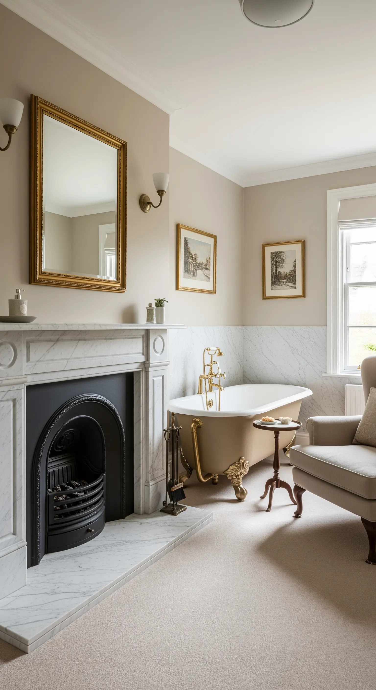 Bagno elegante con camino in marmo, vasca freestanding colorata e una poltrona.