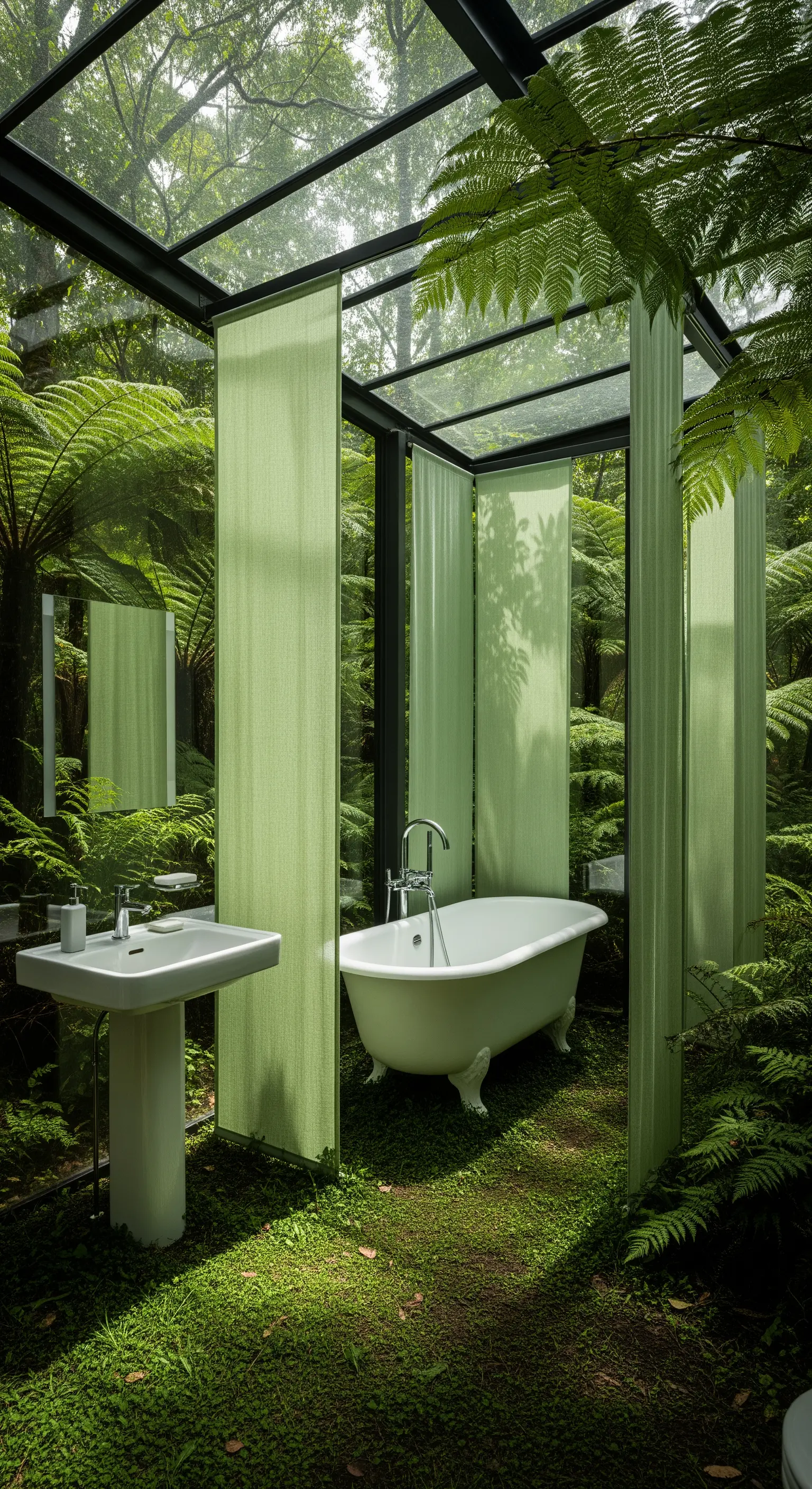 Vasca da bagno in una serra di vetro circondata da felci e vegetazione lussureggiante.